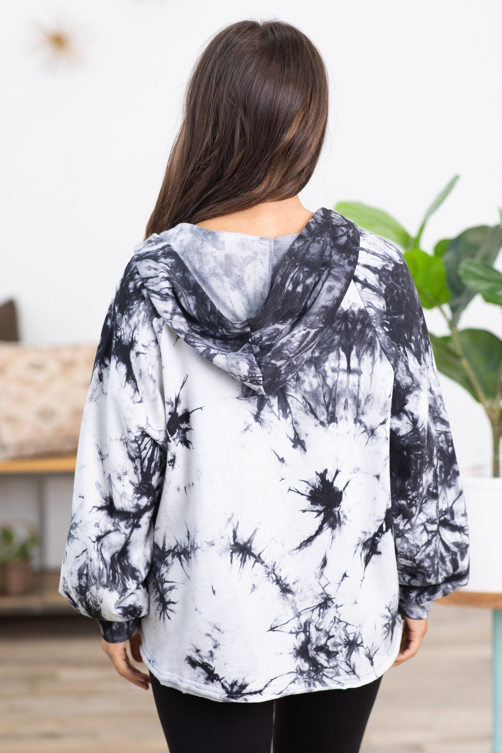 Charcoal and Off White Tie Dye Hooded Top - Filly Flair