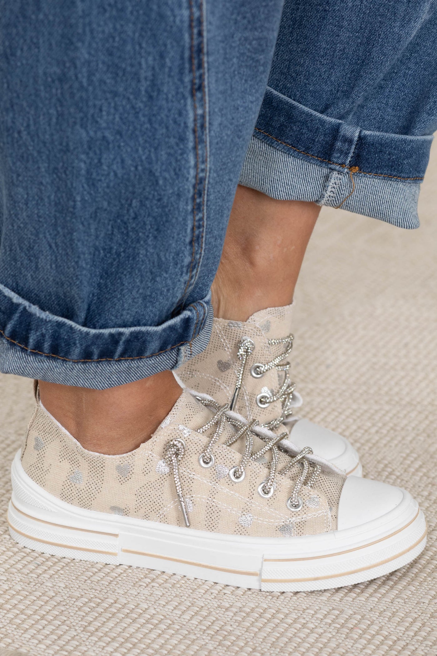Printed Hearts With Glitter Lace Up Sneakers
