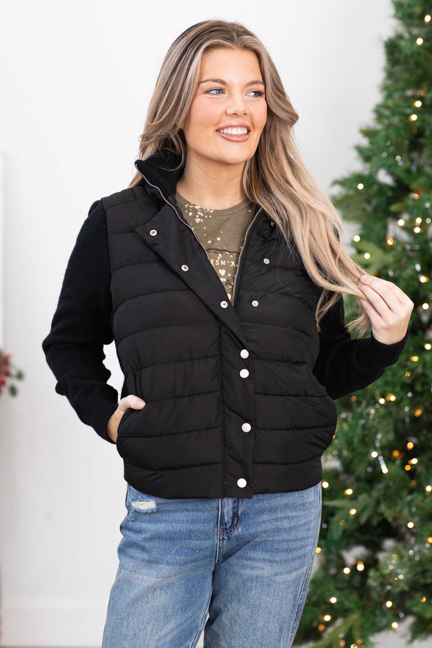 Black Thermal Jacket With Knit Trim