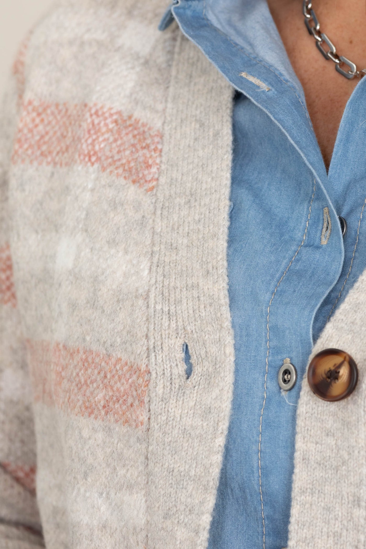 Heather Grey And Rust Checker Cardigan