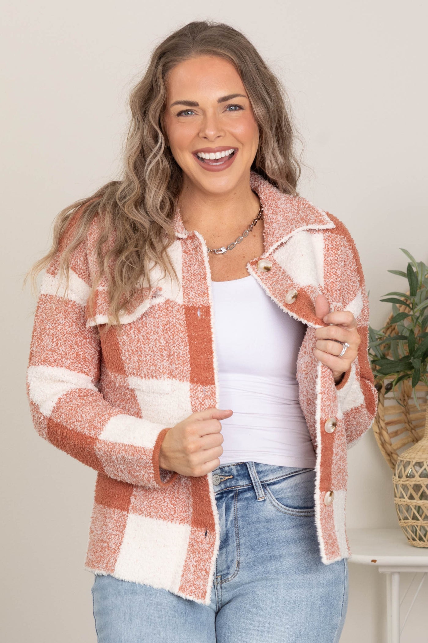 Rust Plaid Sweater Jacket With Chest Pockets