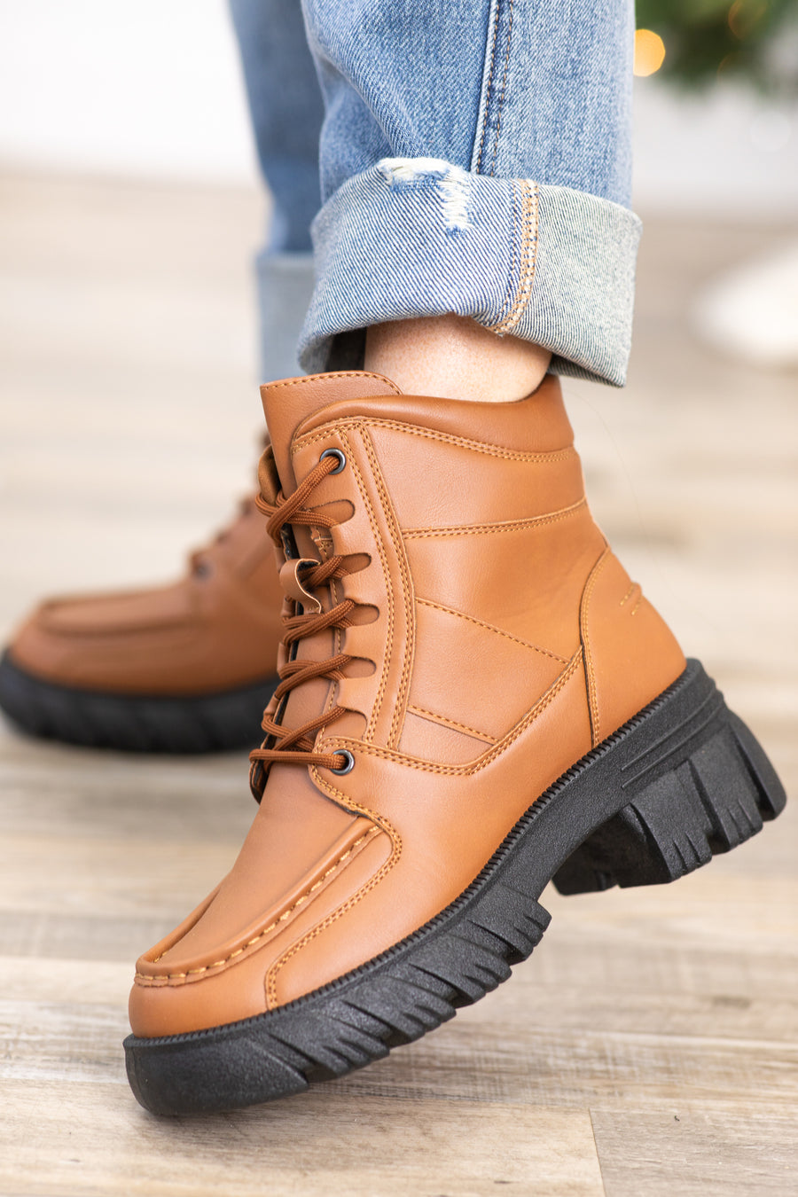 Brown Lace Up Boots With Black Lug Sole