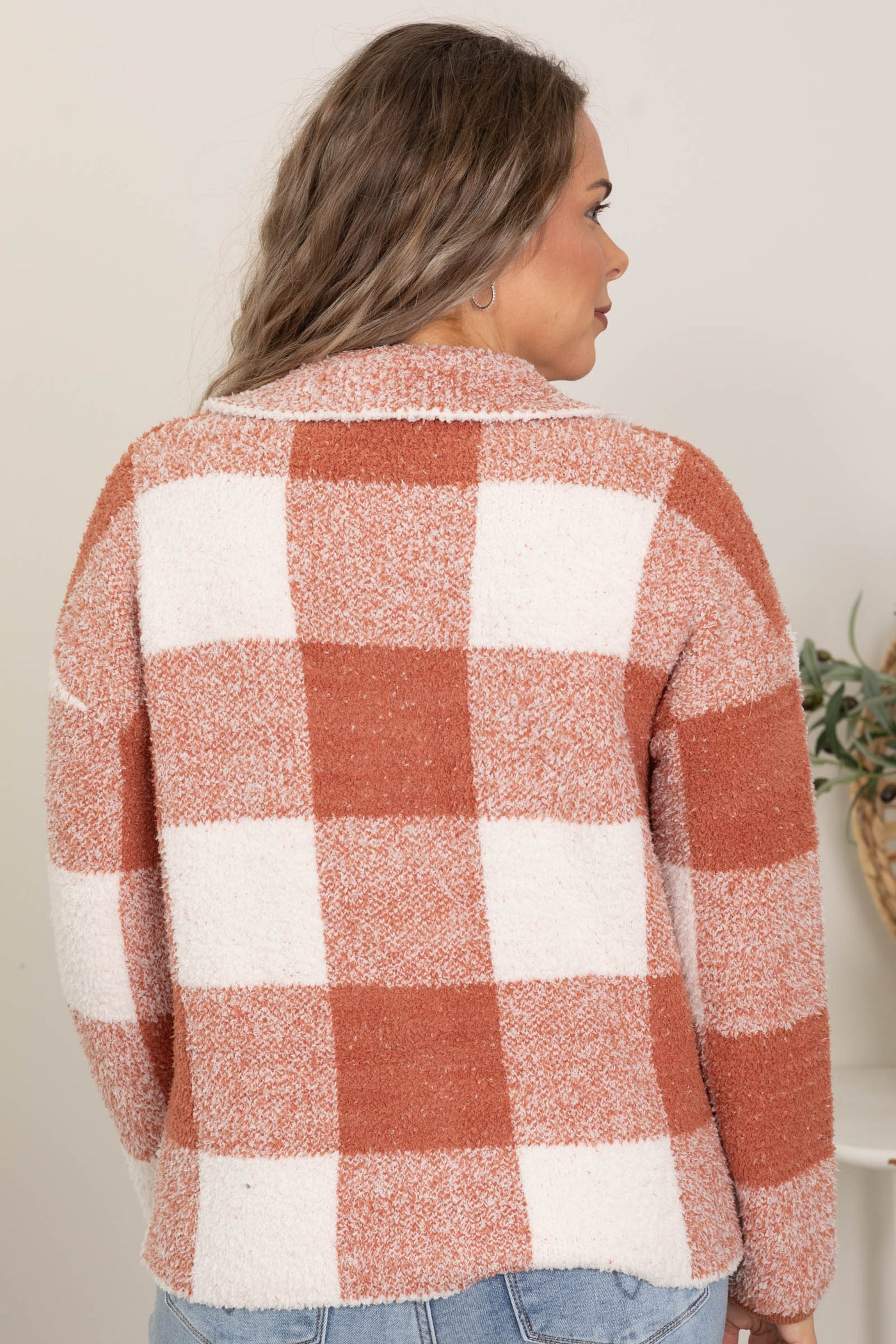Rust Plaid Sweater Jacket With Chest Pockets