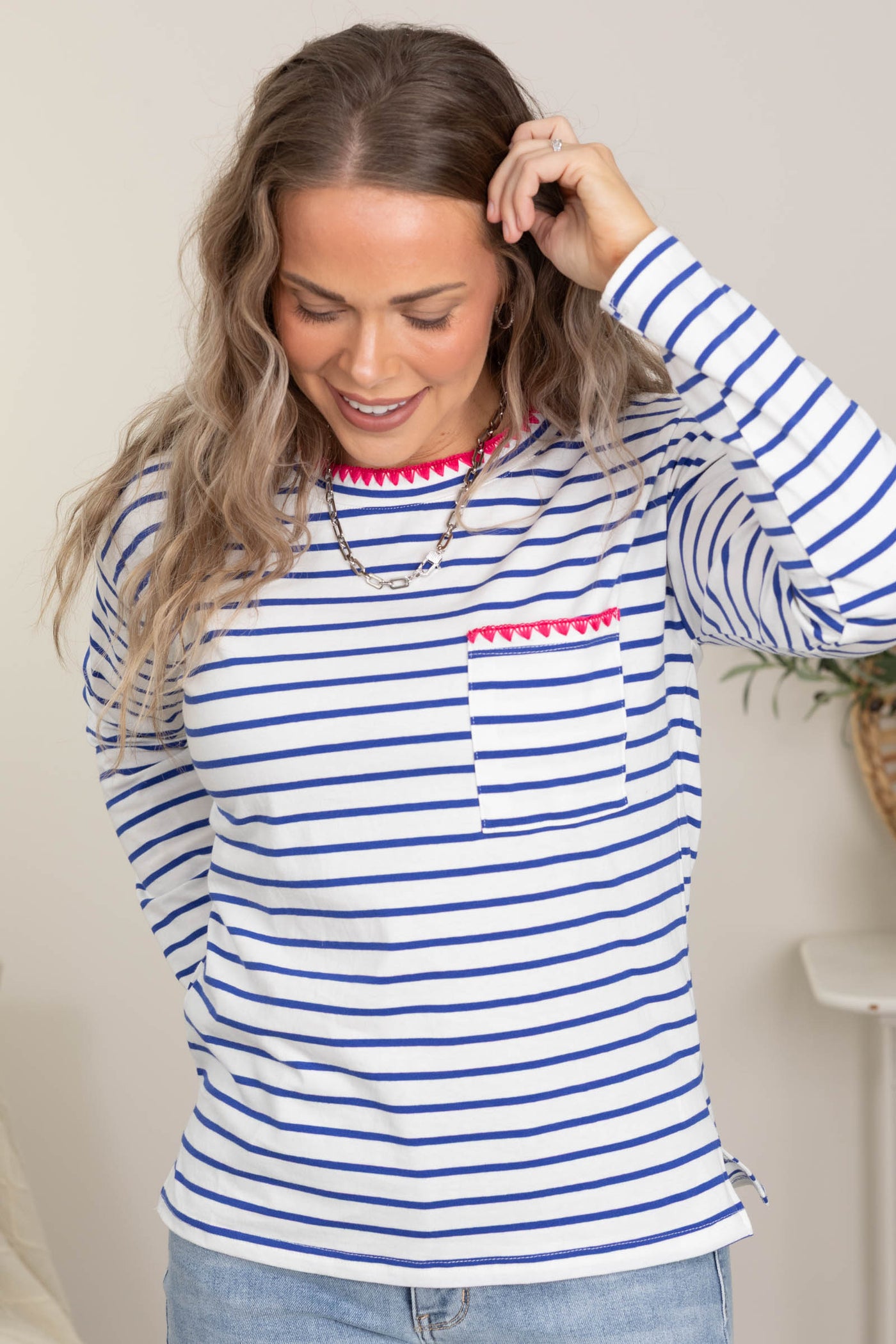 Jersey Striped Knit Tops With Chest Pocket