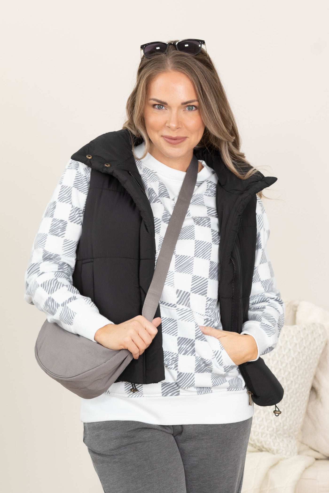 Made For You Printed Sweatshirt by Filly Flair in Checkered Print
