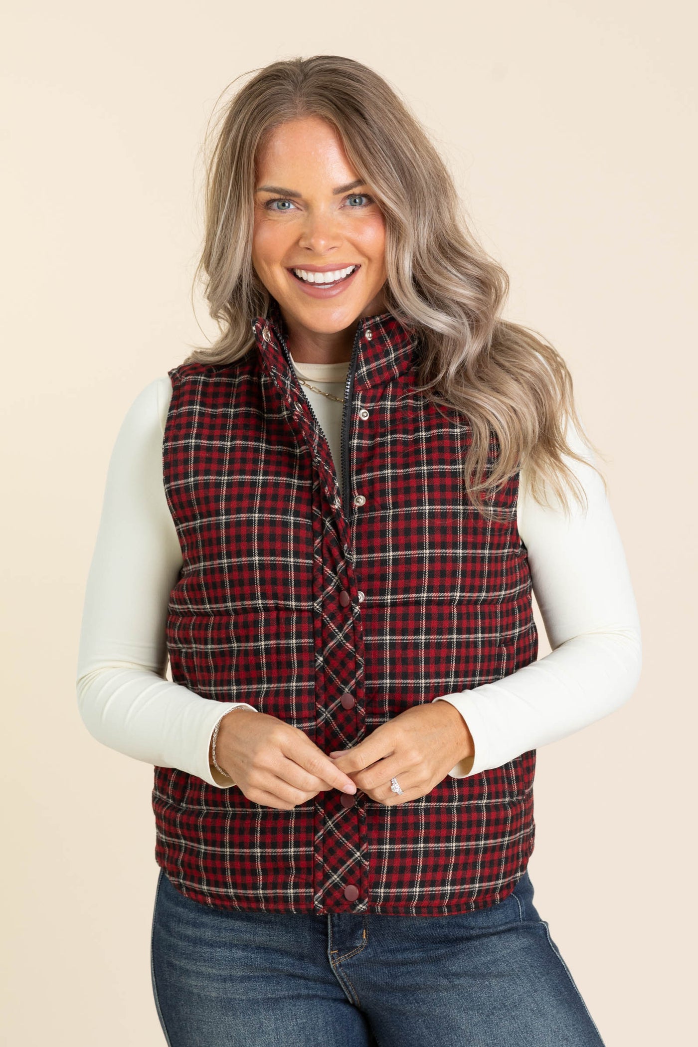Mock Neck Plaid Puffer Vests