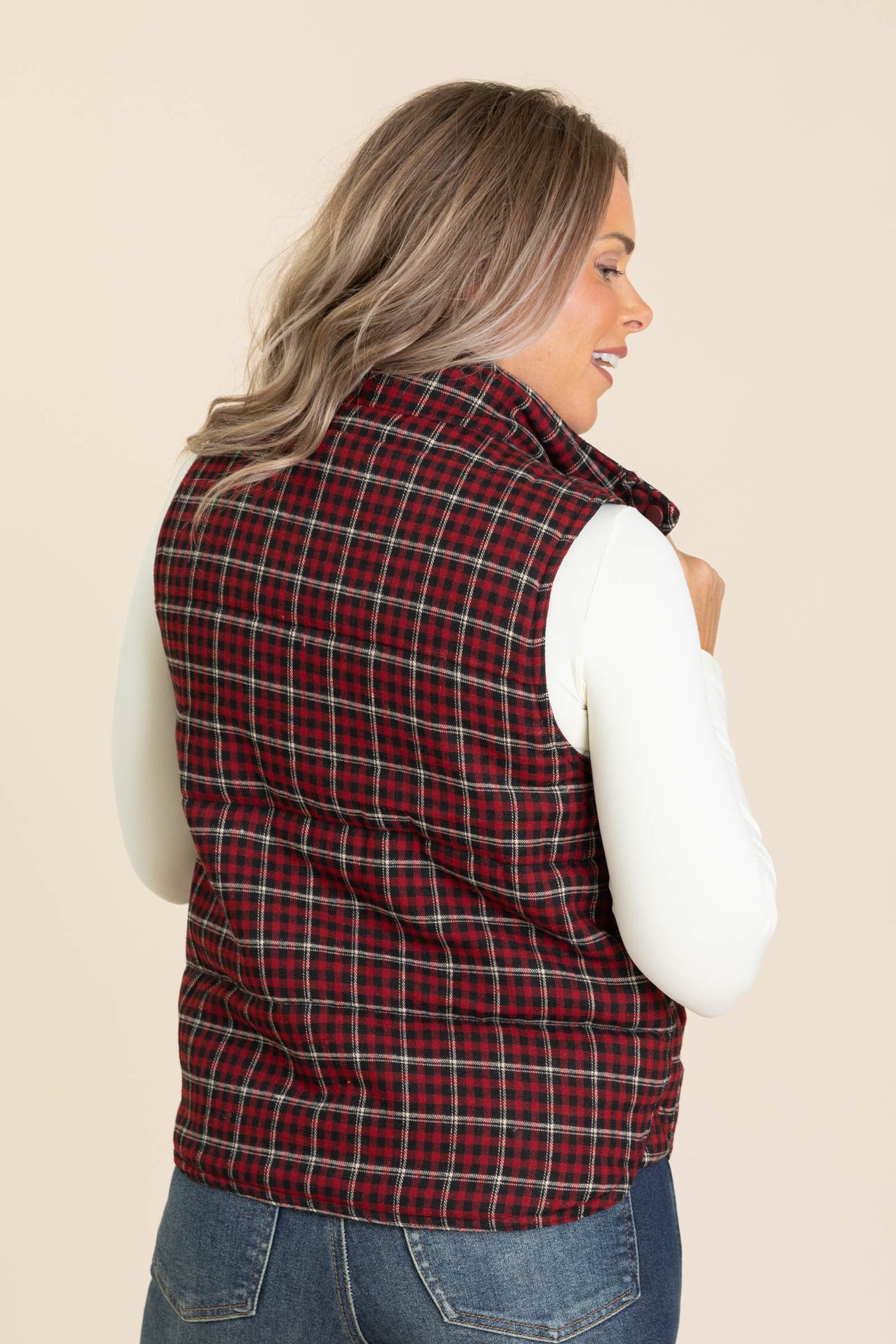Mock Neck Plaid Puffer Vests