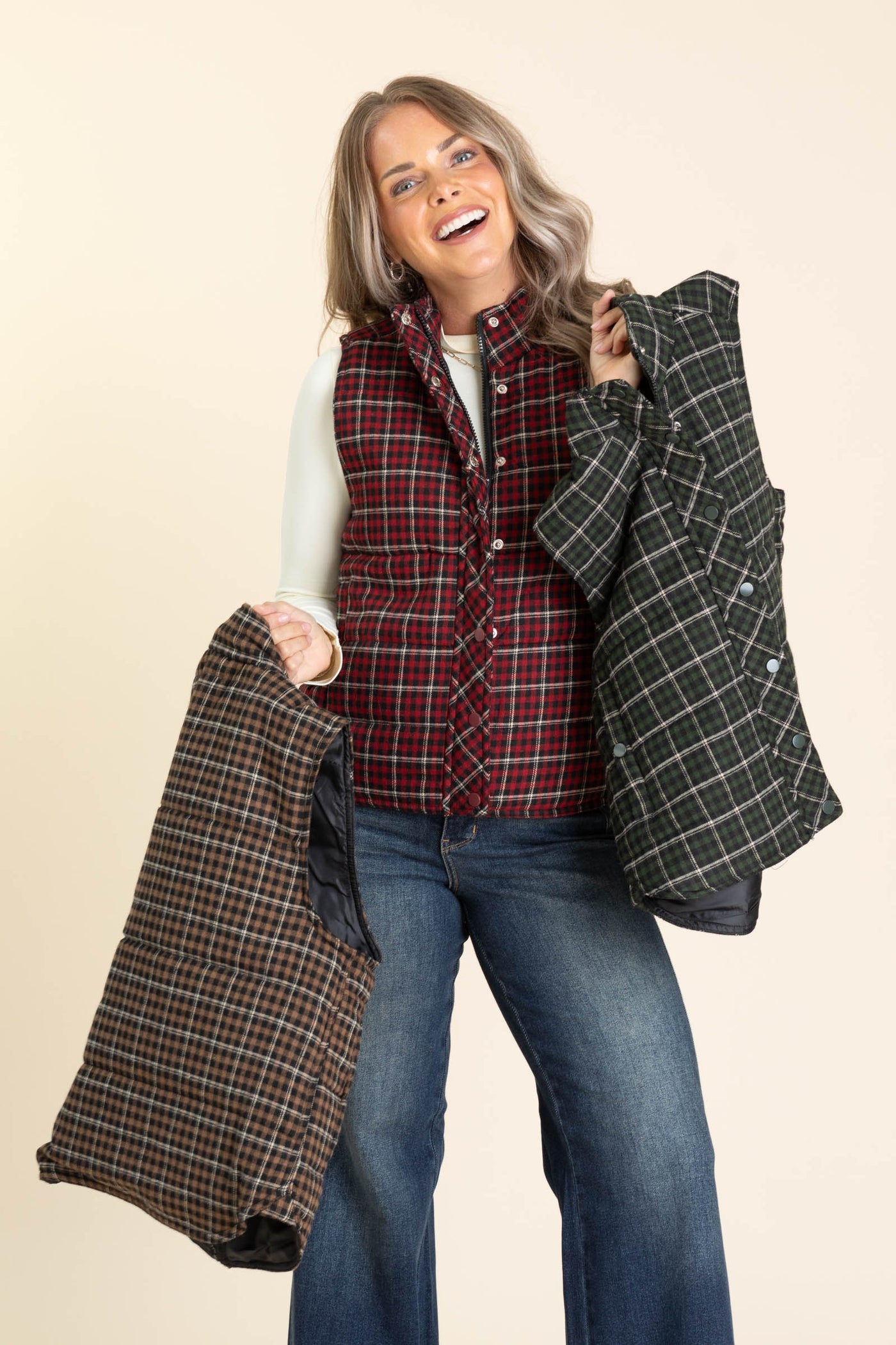 Mock Neck Plaid Puffer Vests