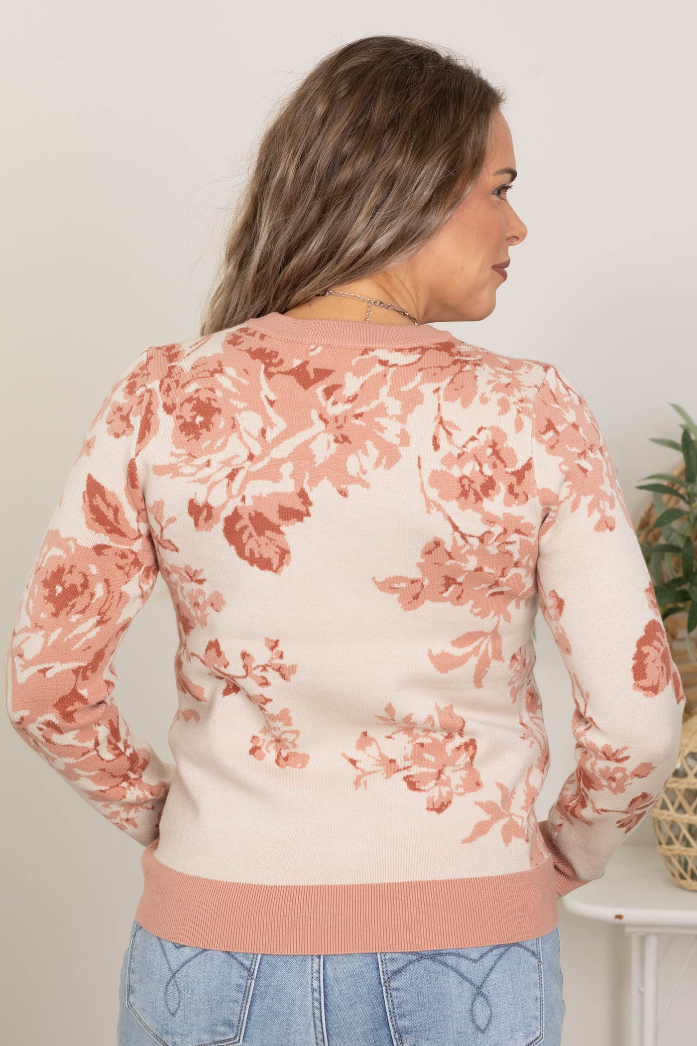 Dusty Rose Floral Pattern Crewneck Sweater