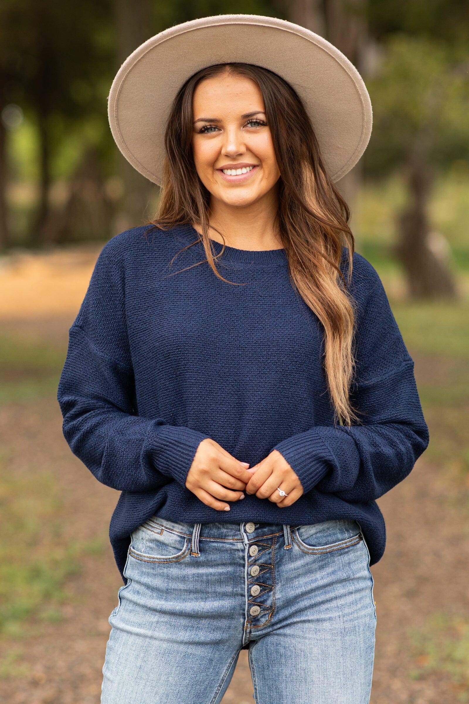 Navy Ribbed Trim Round Neck Sweater - Filly Flair
