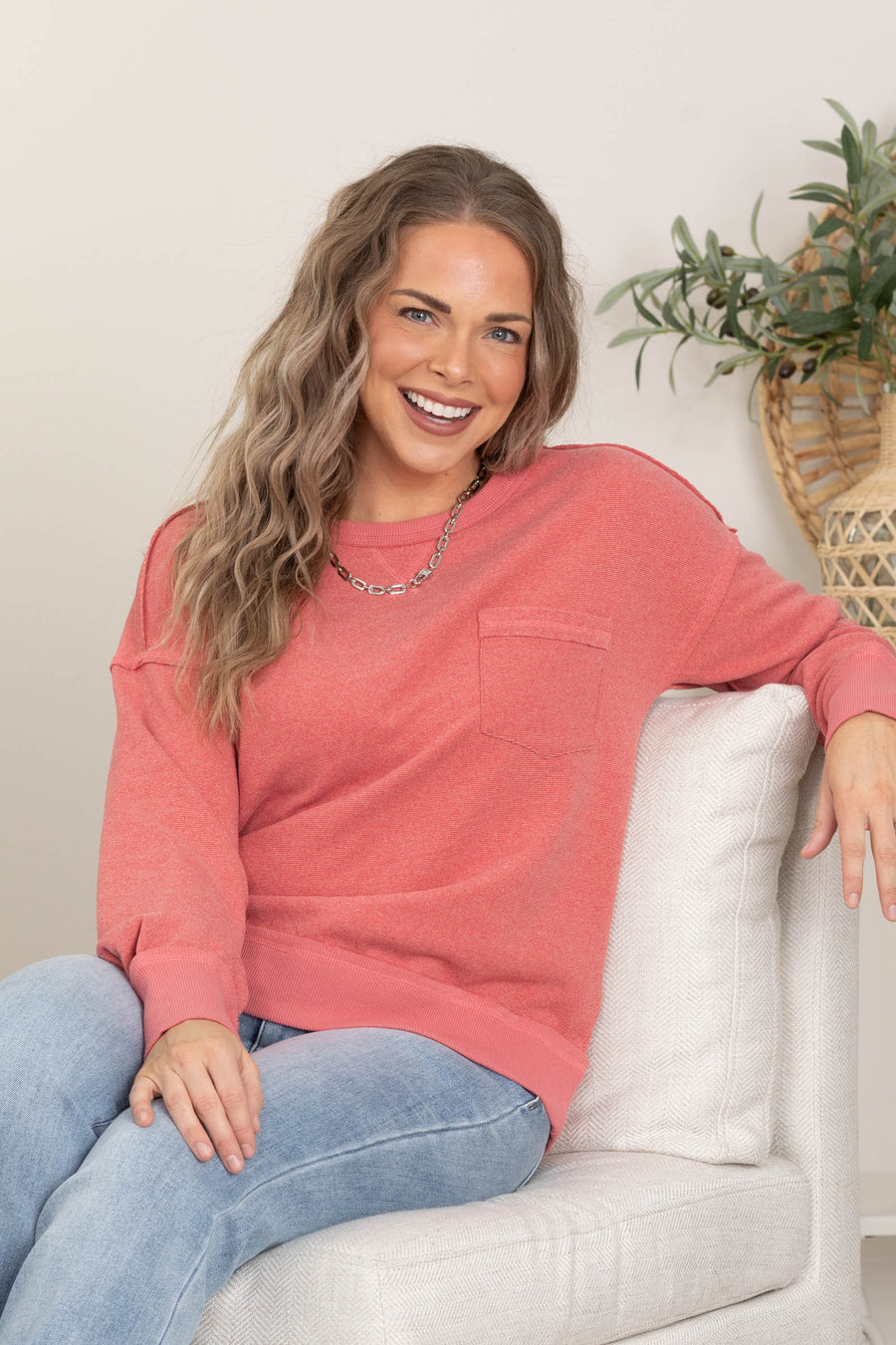 Light Rust Exposed Stitching Cozy Knit Top