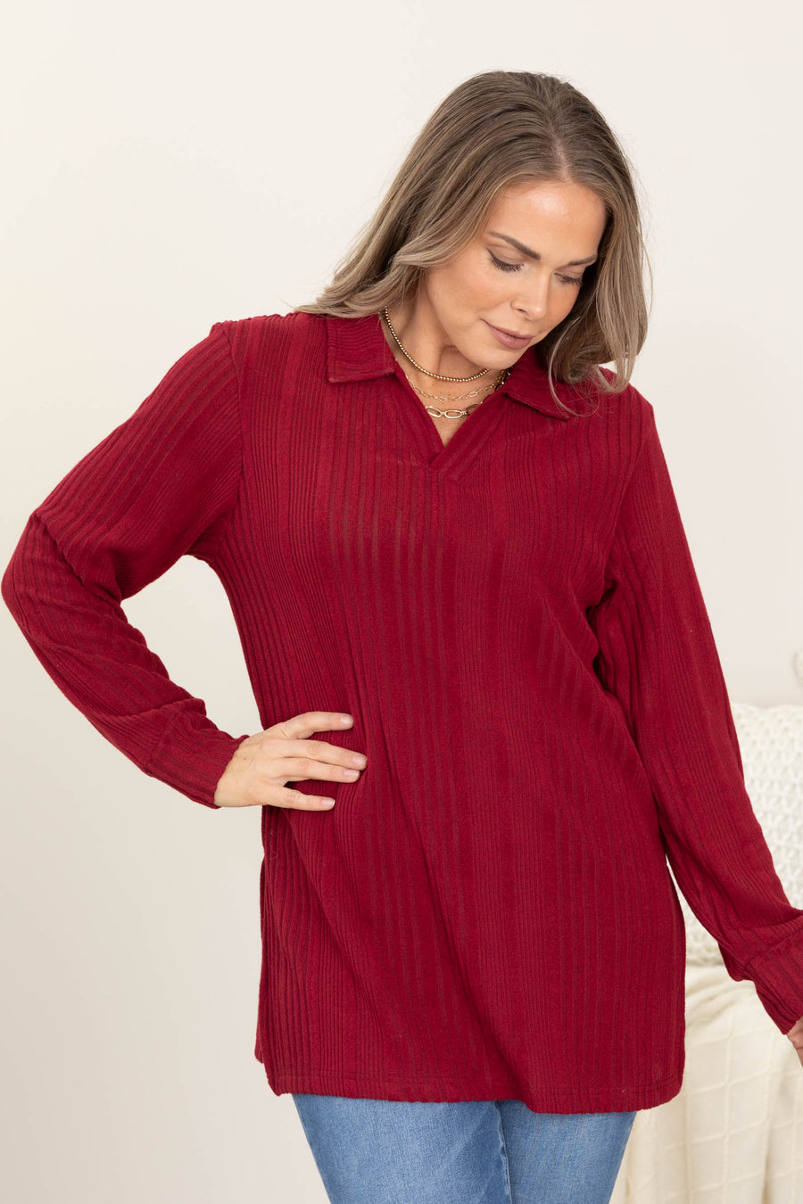 Dark Red Wide Ribbed Hacci Tunic