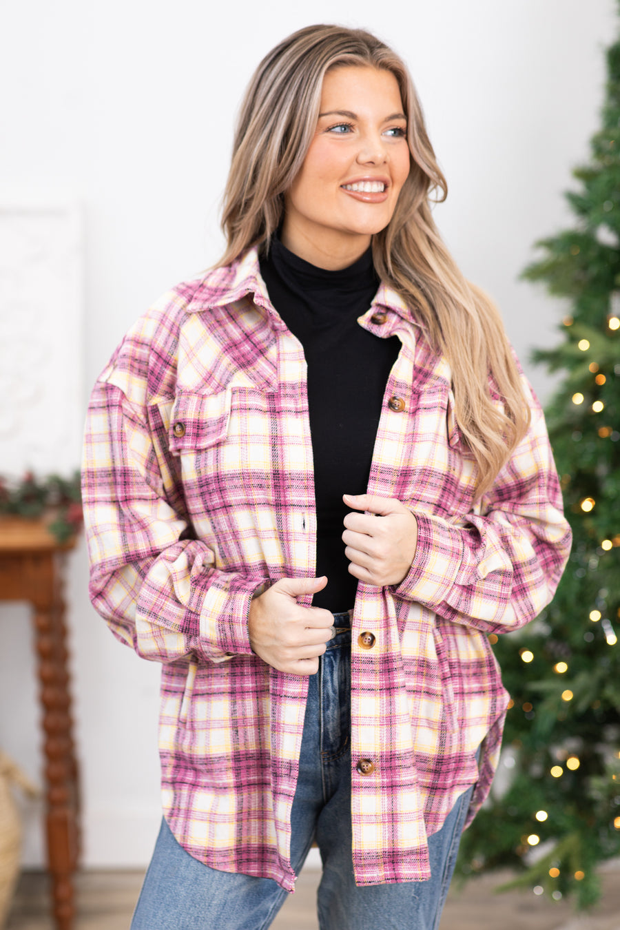 Dusty Rose and Cream Plaid Fleece Shacket