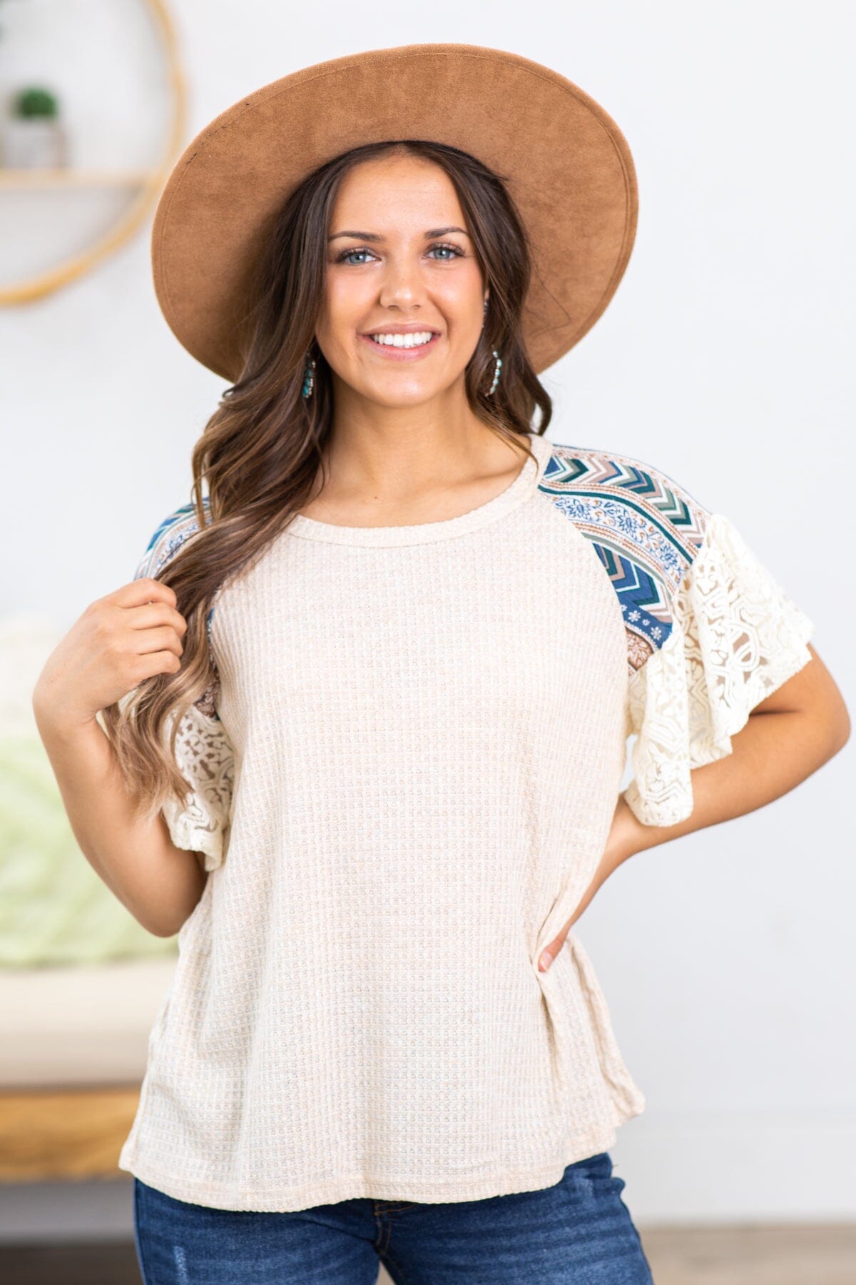 Beige Ruffle Sleeve Printed Yoke Top · Filly Flair