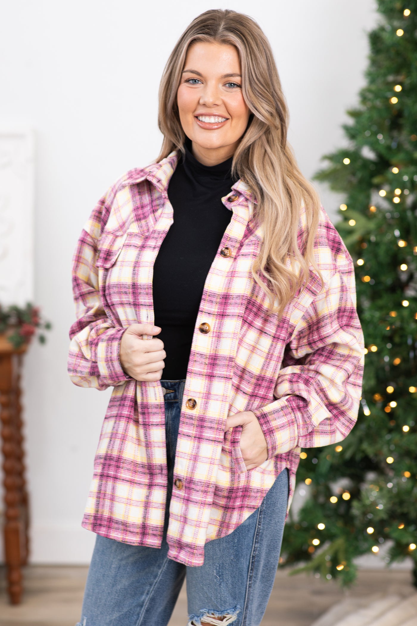 Dusty Rose and Cream Plaid Fleece Shacket · Filly Flair