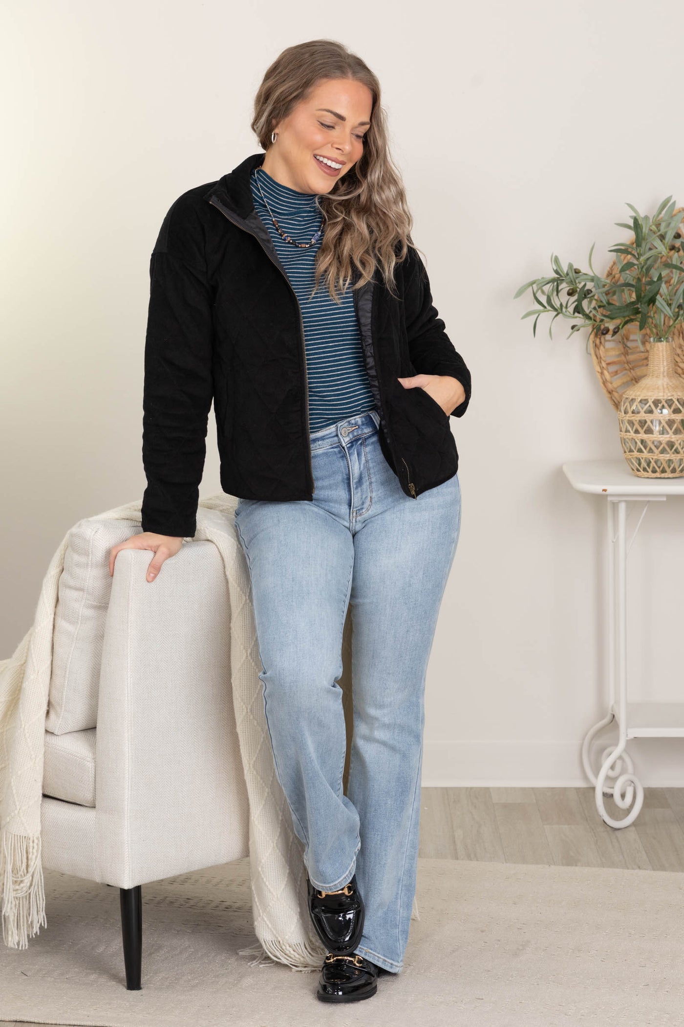 Black Zip Up Quilted Corduroy Jacket