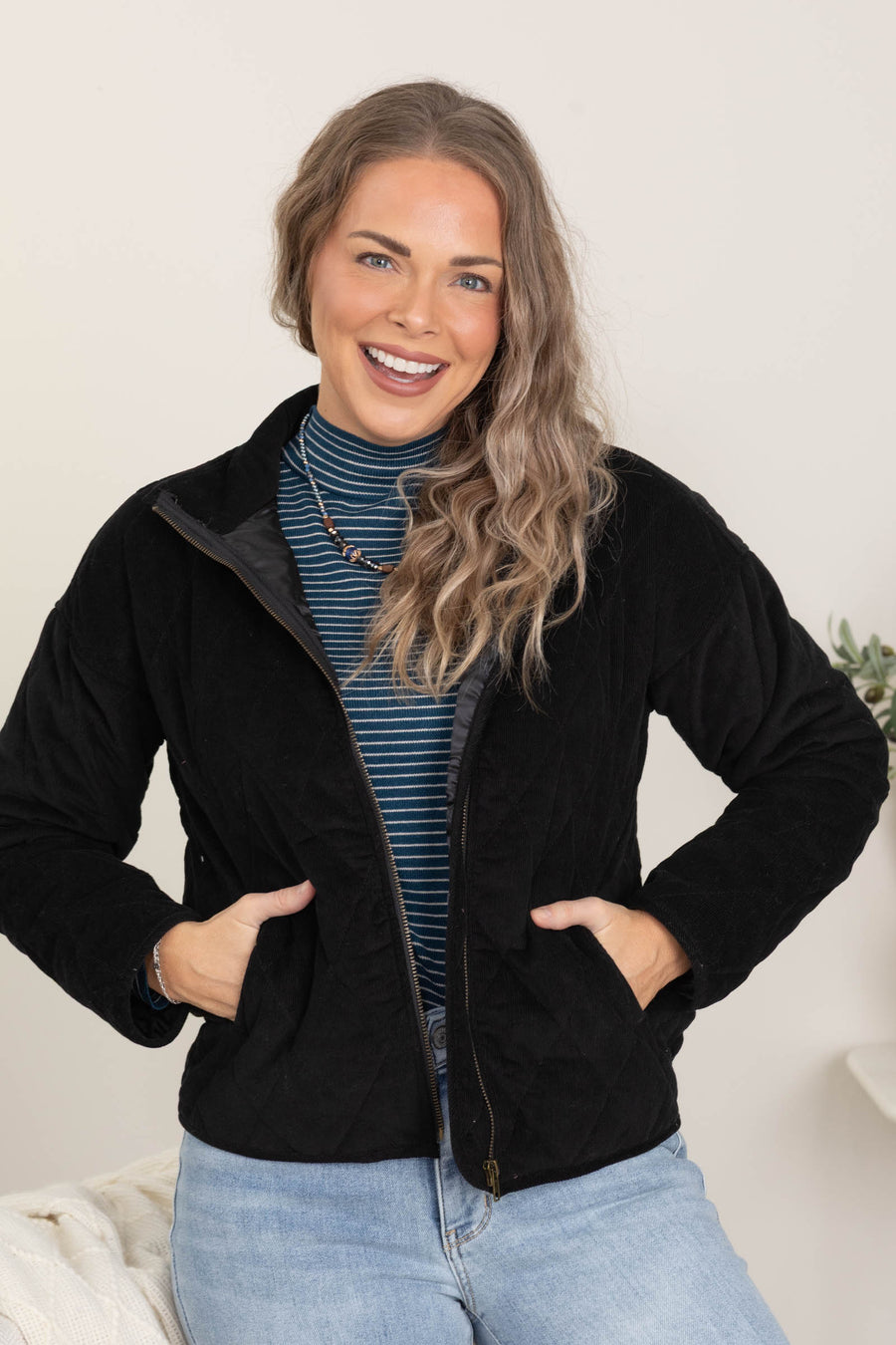 Black Zip Up Quilted Corduroy Jacket