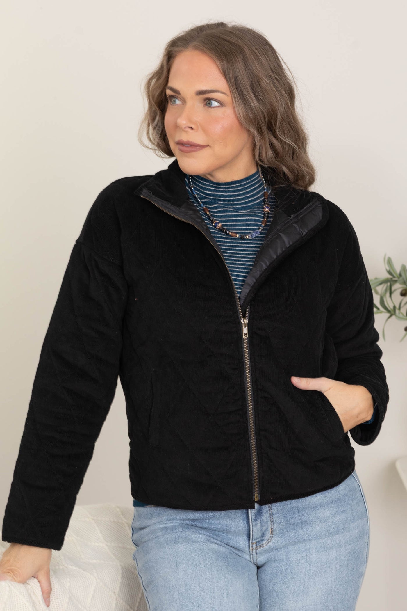 Black Zip Up Quilted Corduroy Jacket