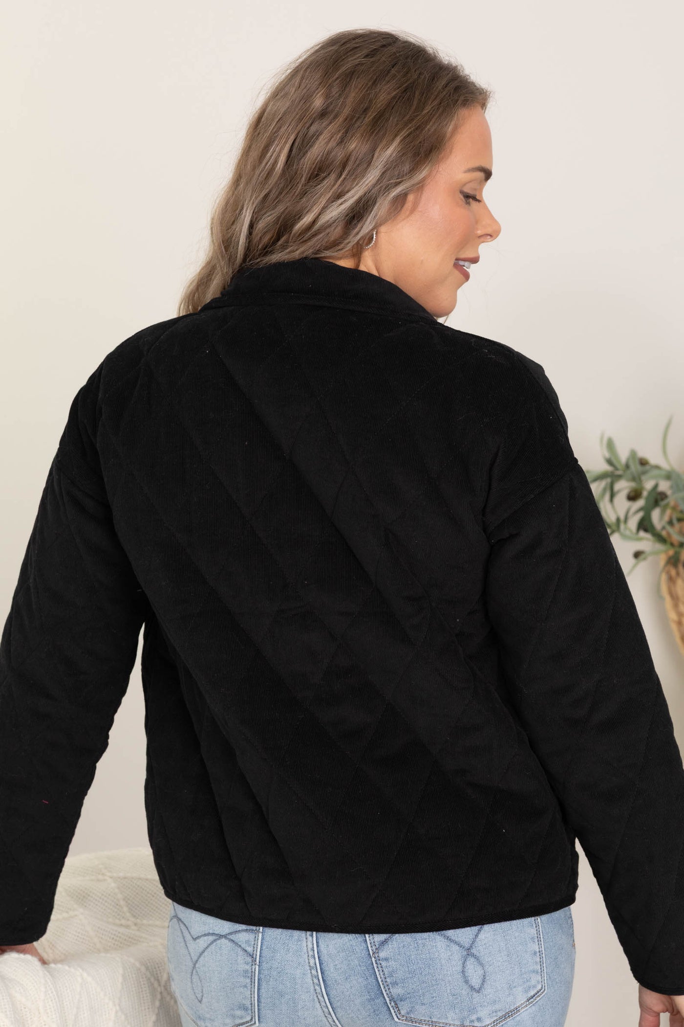 Black Zip Up Quilted Corduroy Jacket