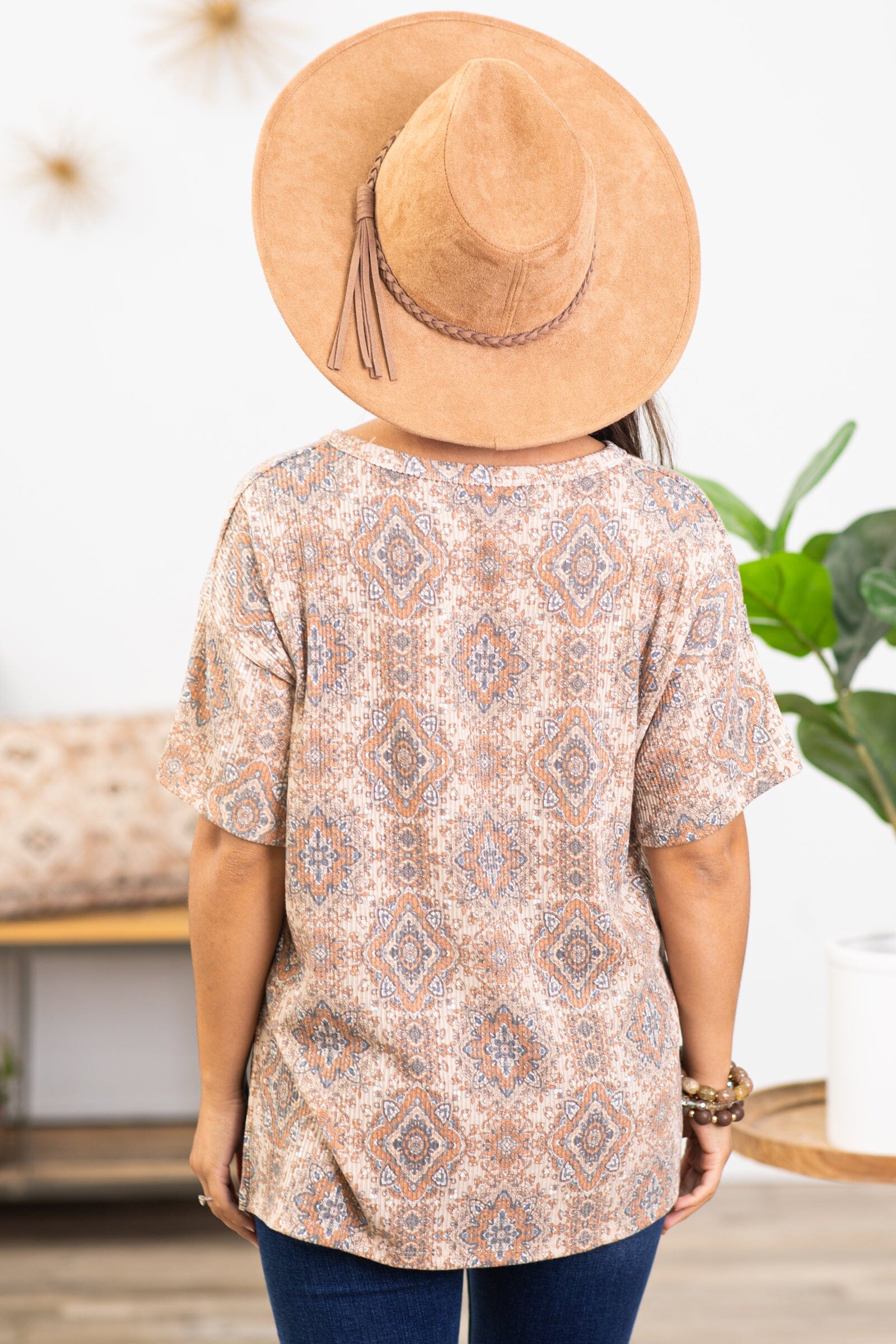 Tan and Peach Medallion Print V-Neck Top - Filly Flair