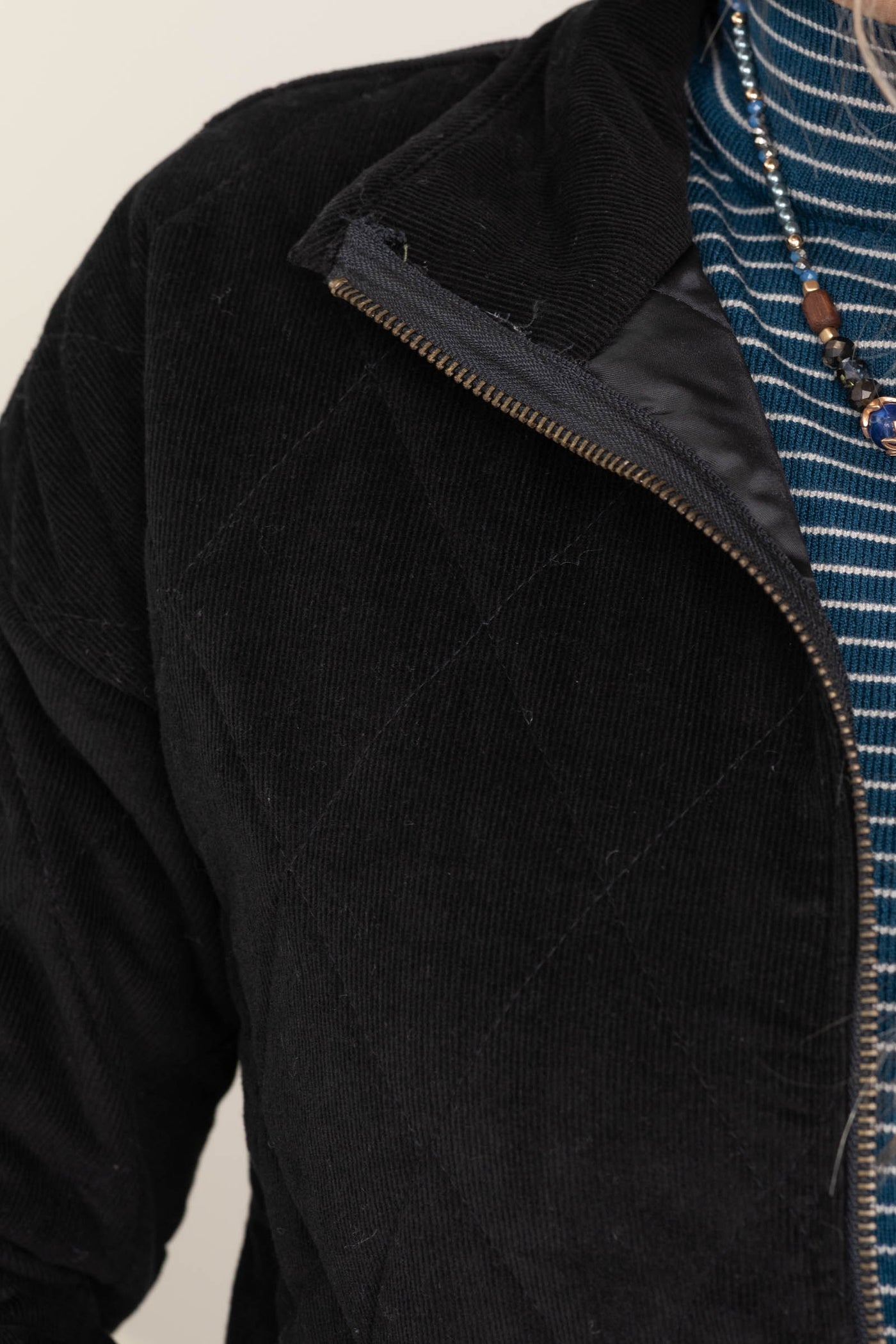 Black Zip Up Quilted Corduroy Jacket