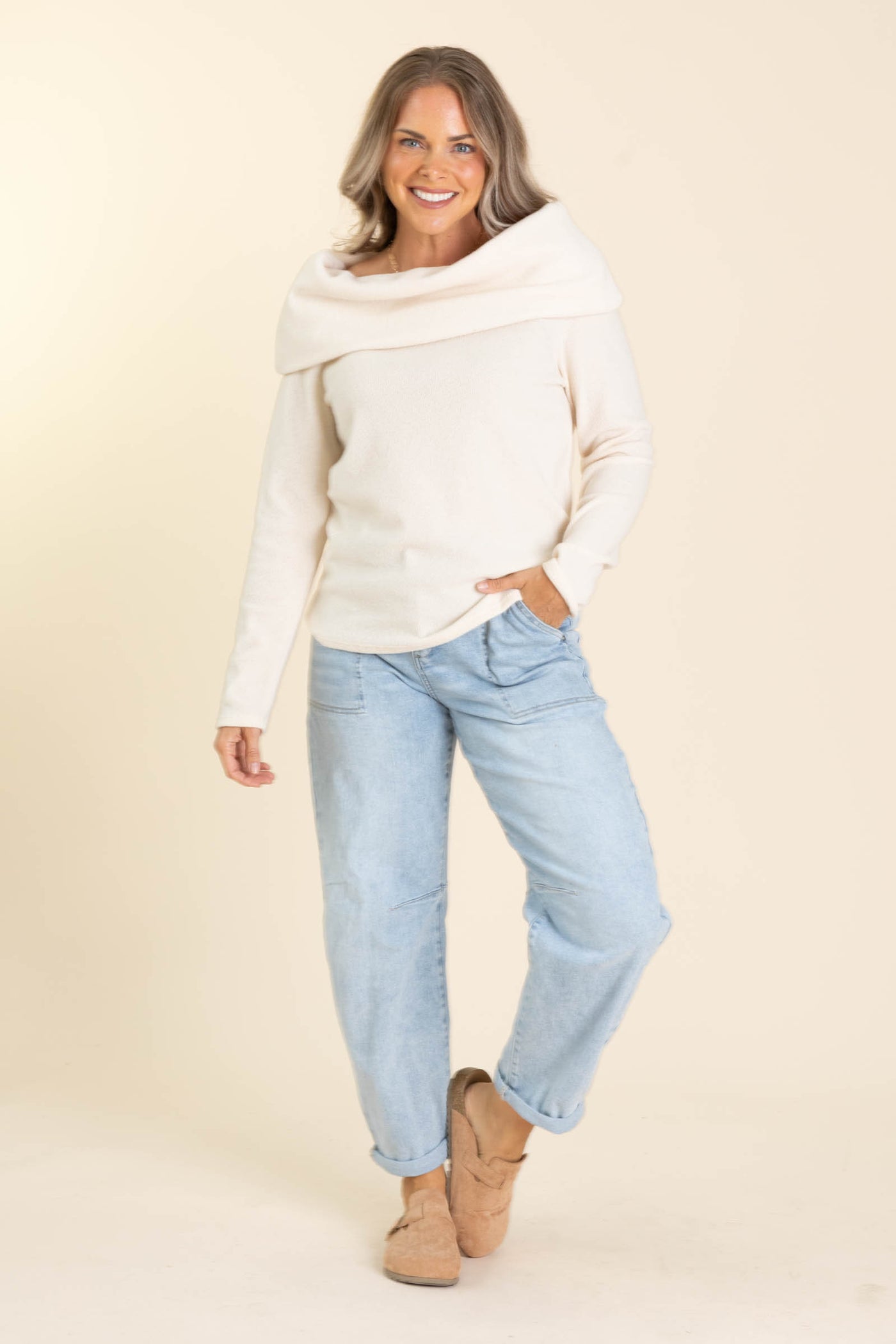 Cream Off The Shoulder Relaxed Sweater Top