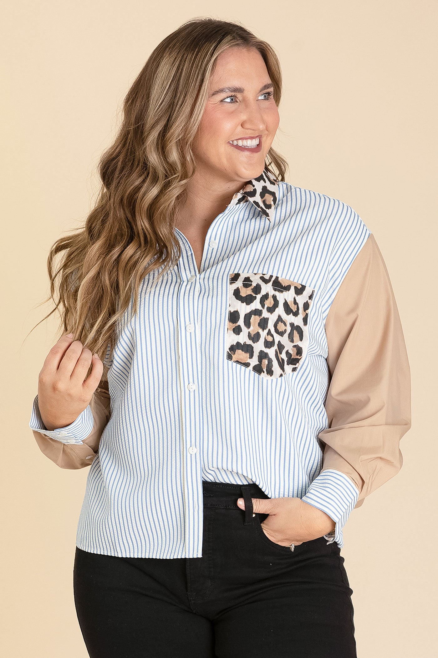 Light Blue And Leopard Print Button Up Top