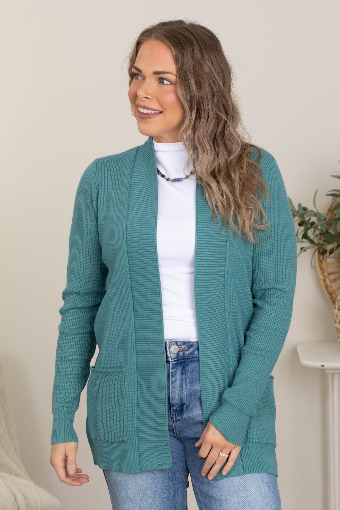 Open Front Waffle Textured Sweater Cardigans