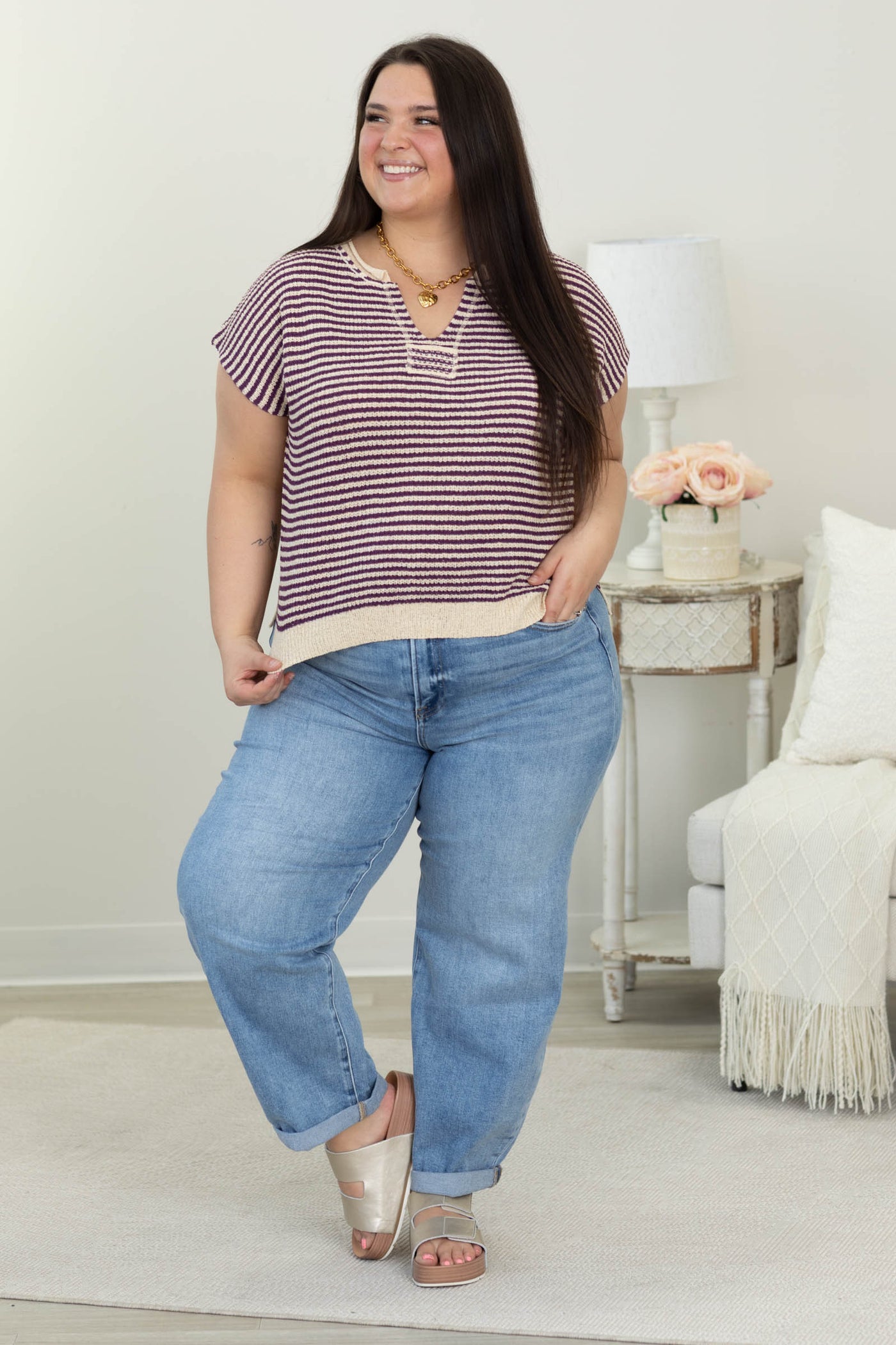 Staccato Stripe Split Neck Patch Detail Knit Top