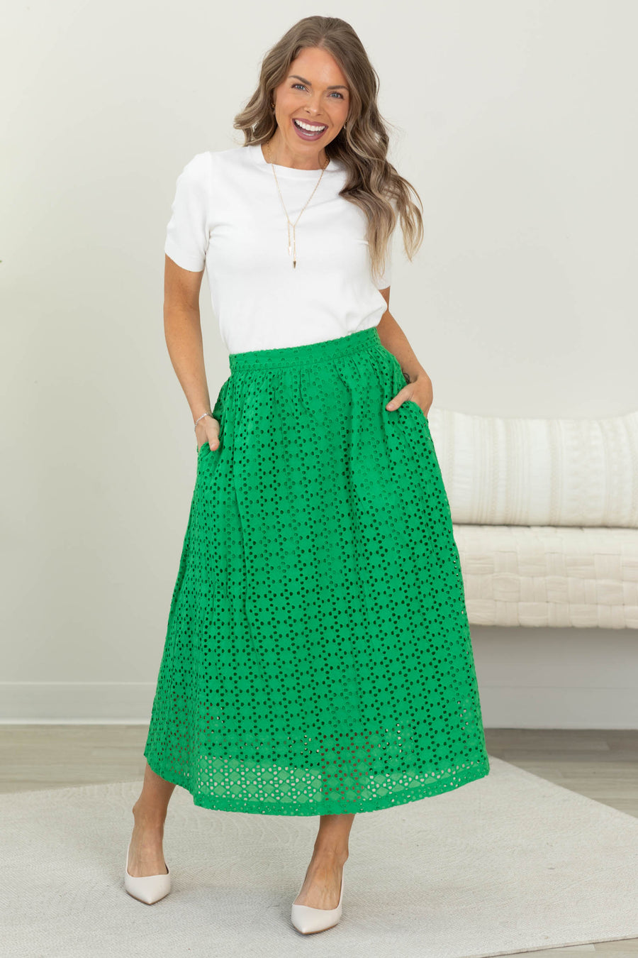Kelly Green Eyelet Midi Skirt