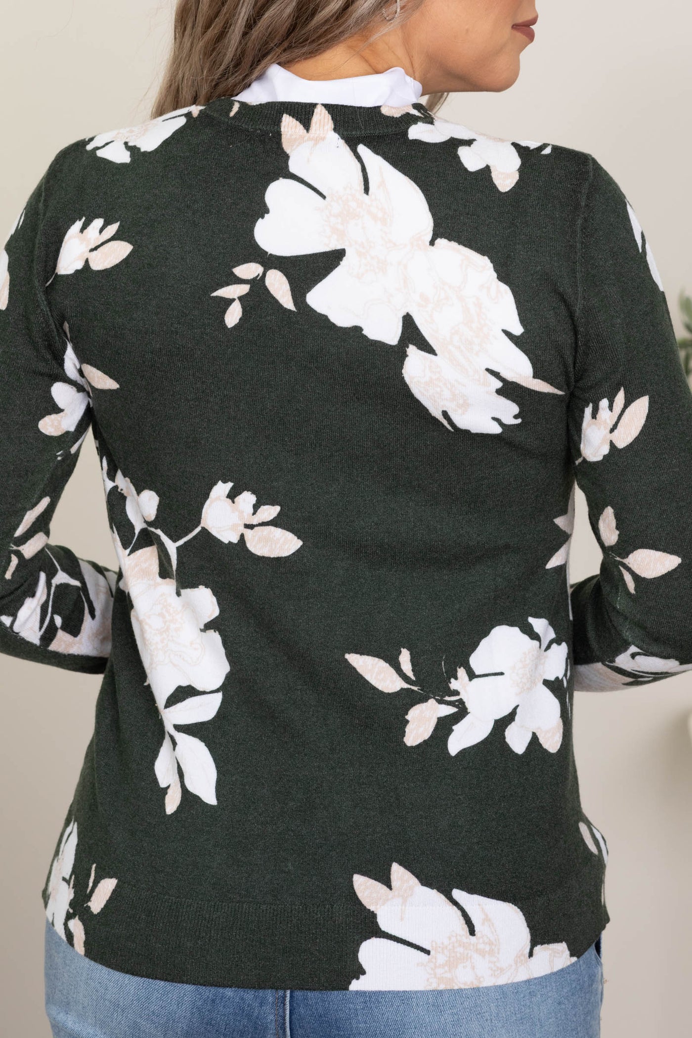 Olive Floral Printed Knit Sweater Top