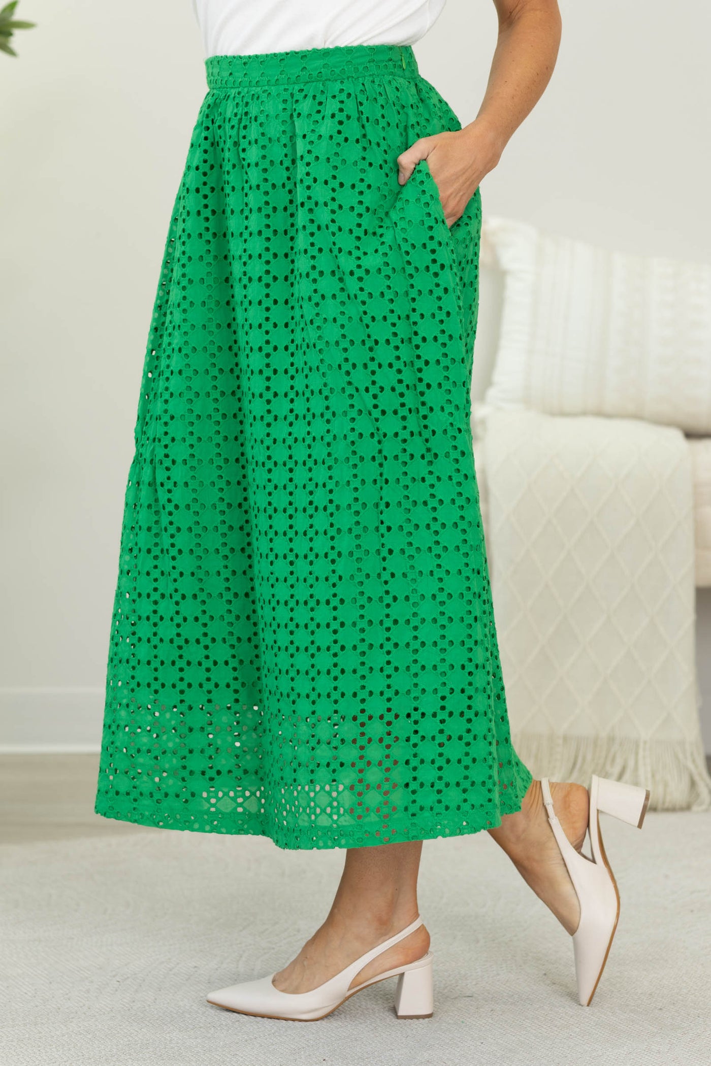 Kelly Green Eyelet Midi Skirt