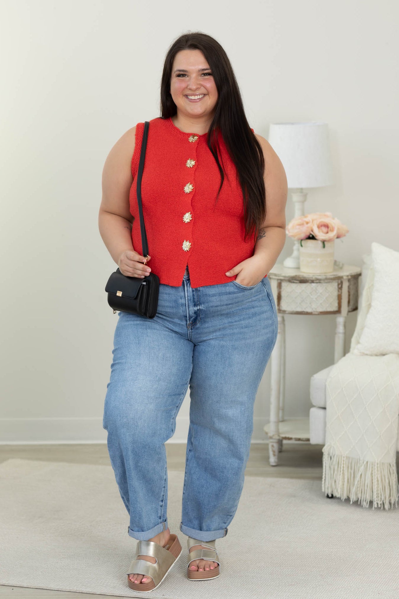 Staccato Red Gold Snap Button Knit Top