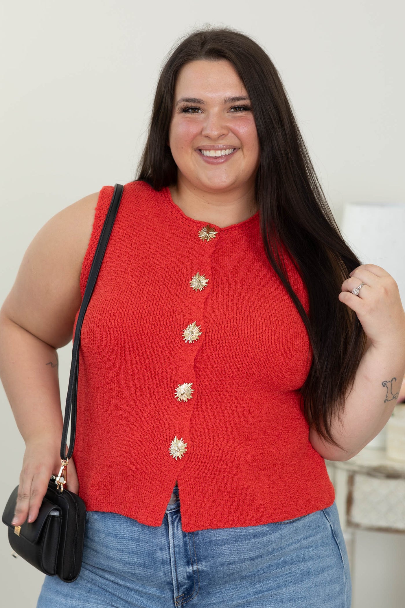 Staccato Red Gold Snap Button Knit Top