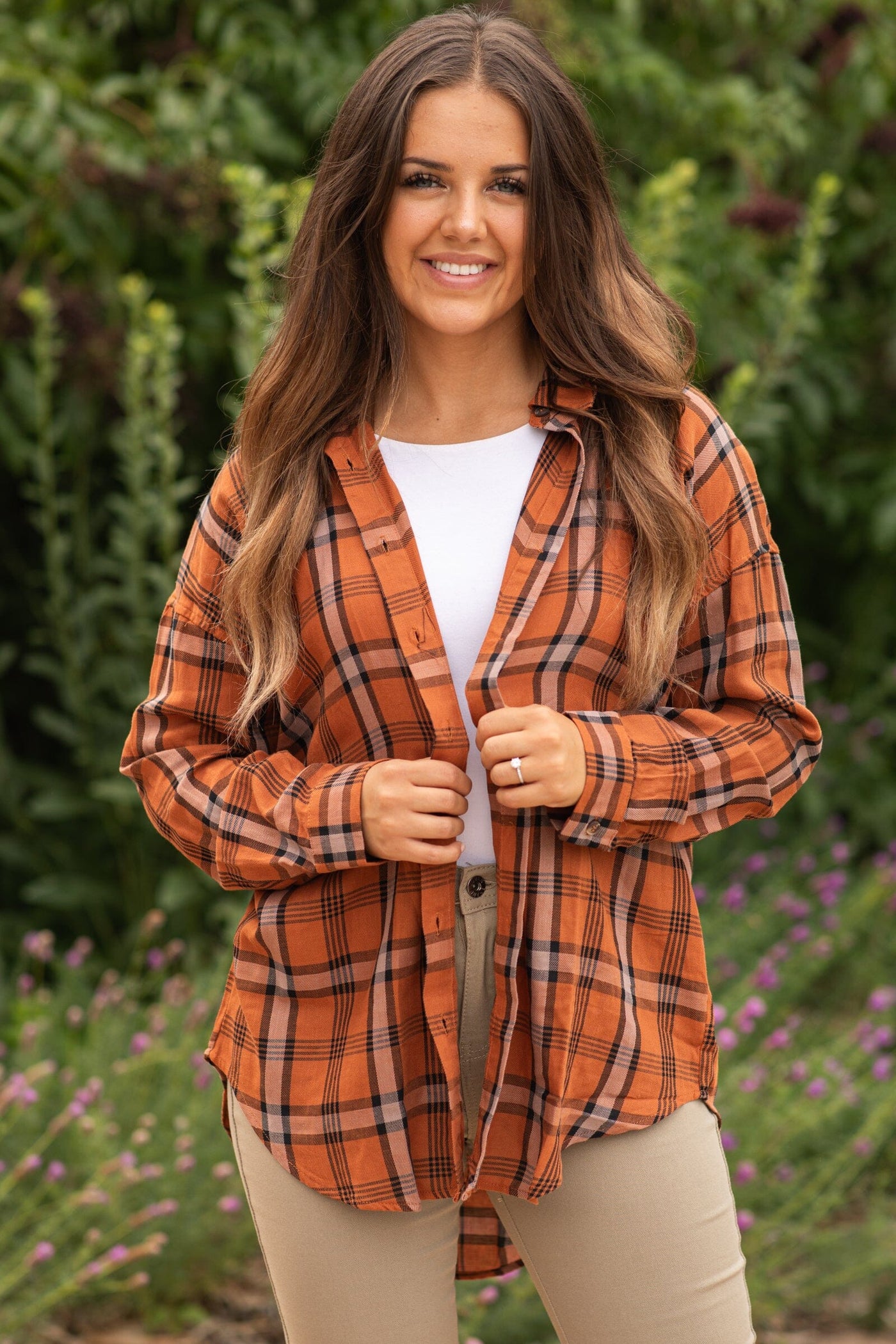 Burnt Orange Plaid Button Up Top - Filly Flair
