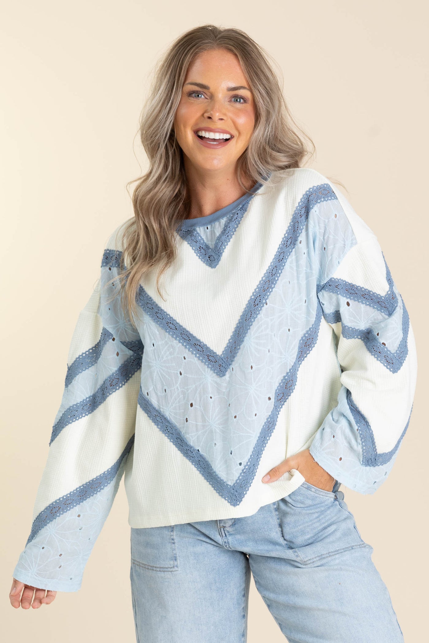 Ivory And Denim Blue Loose Fit Knit Top