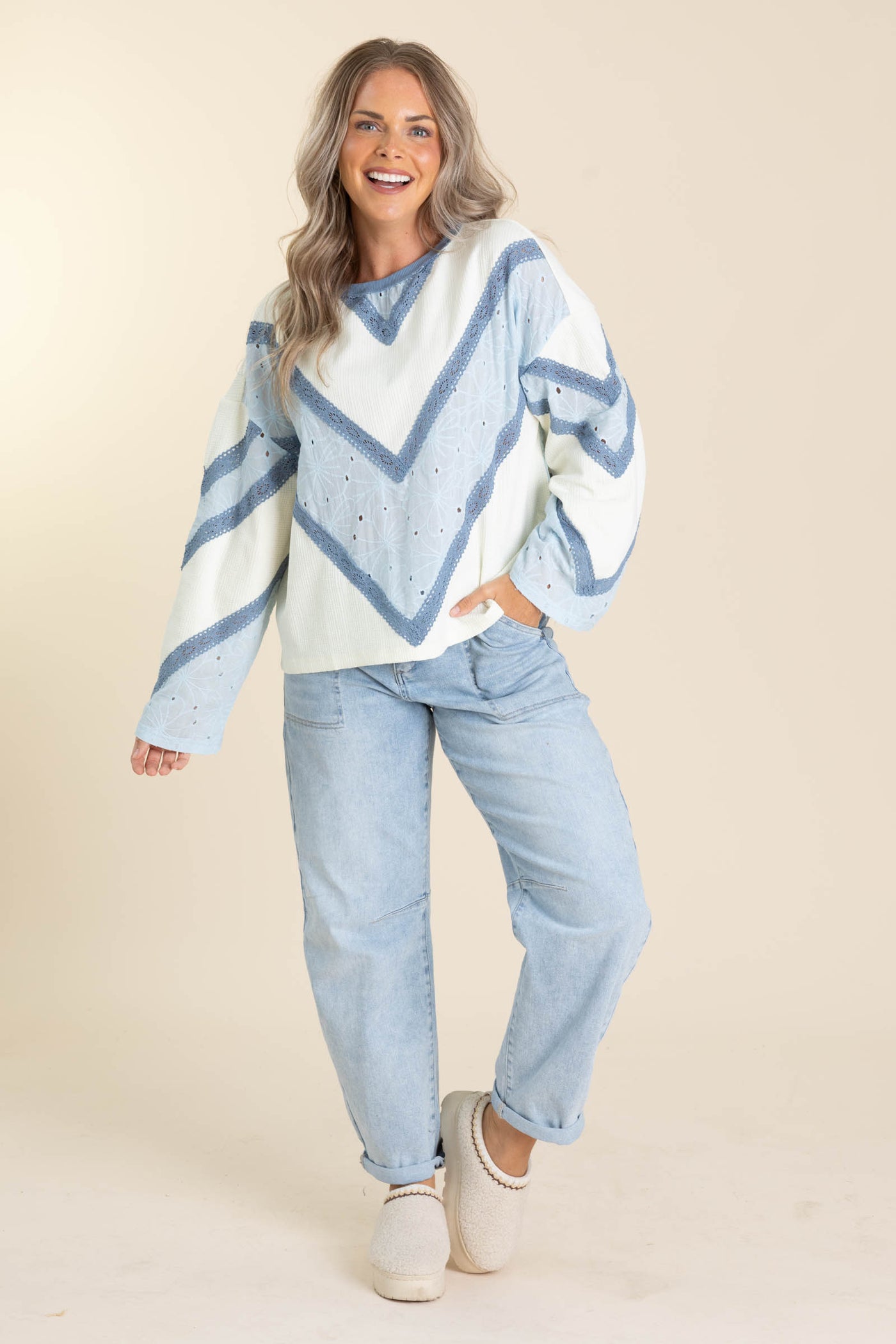 Ivory And Denim Blue Loose Fit Knit Top
