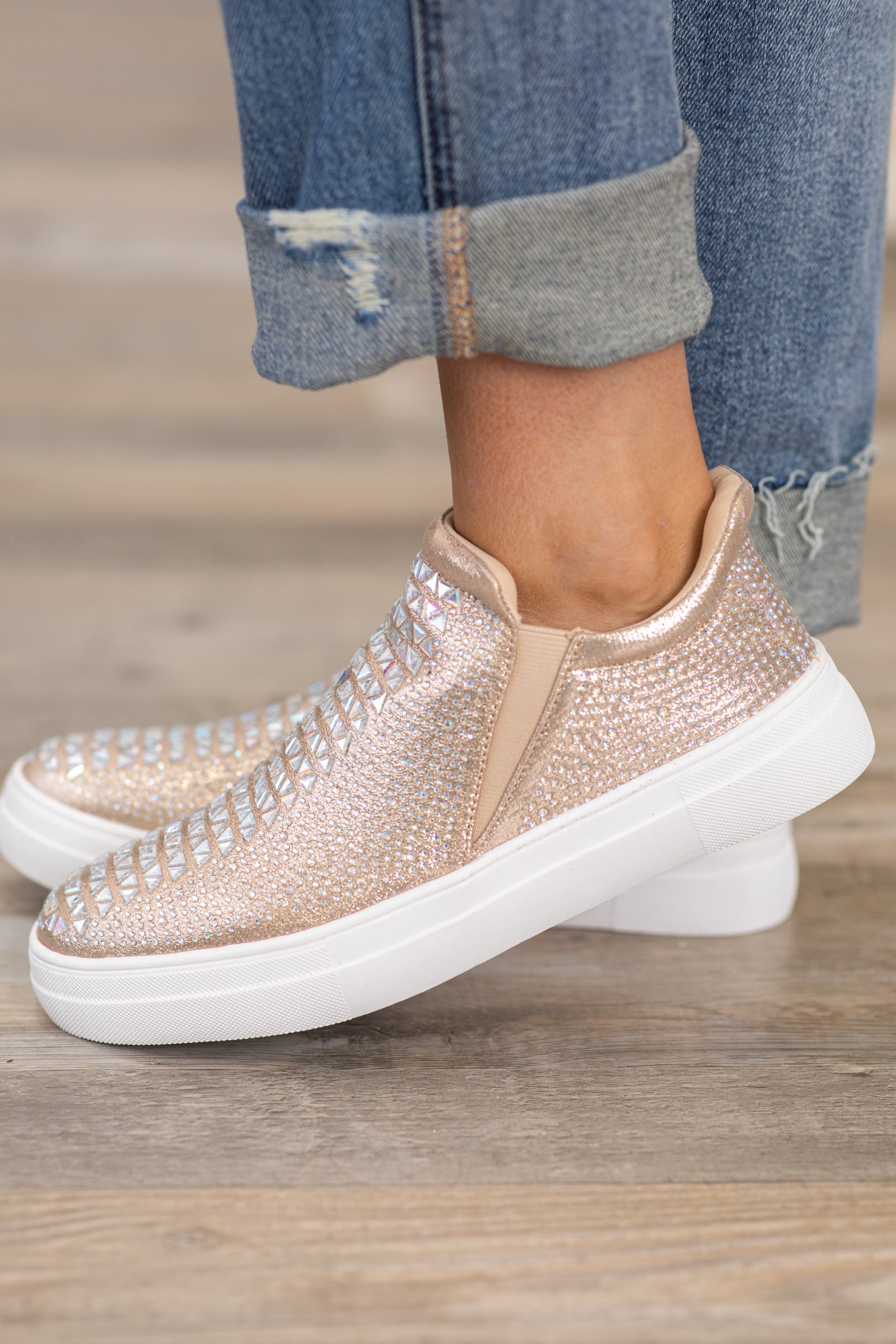 Champagne Slip On Sneakers With Rhinestones · Filly Flair