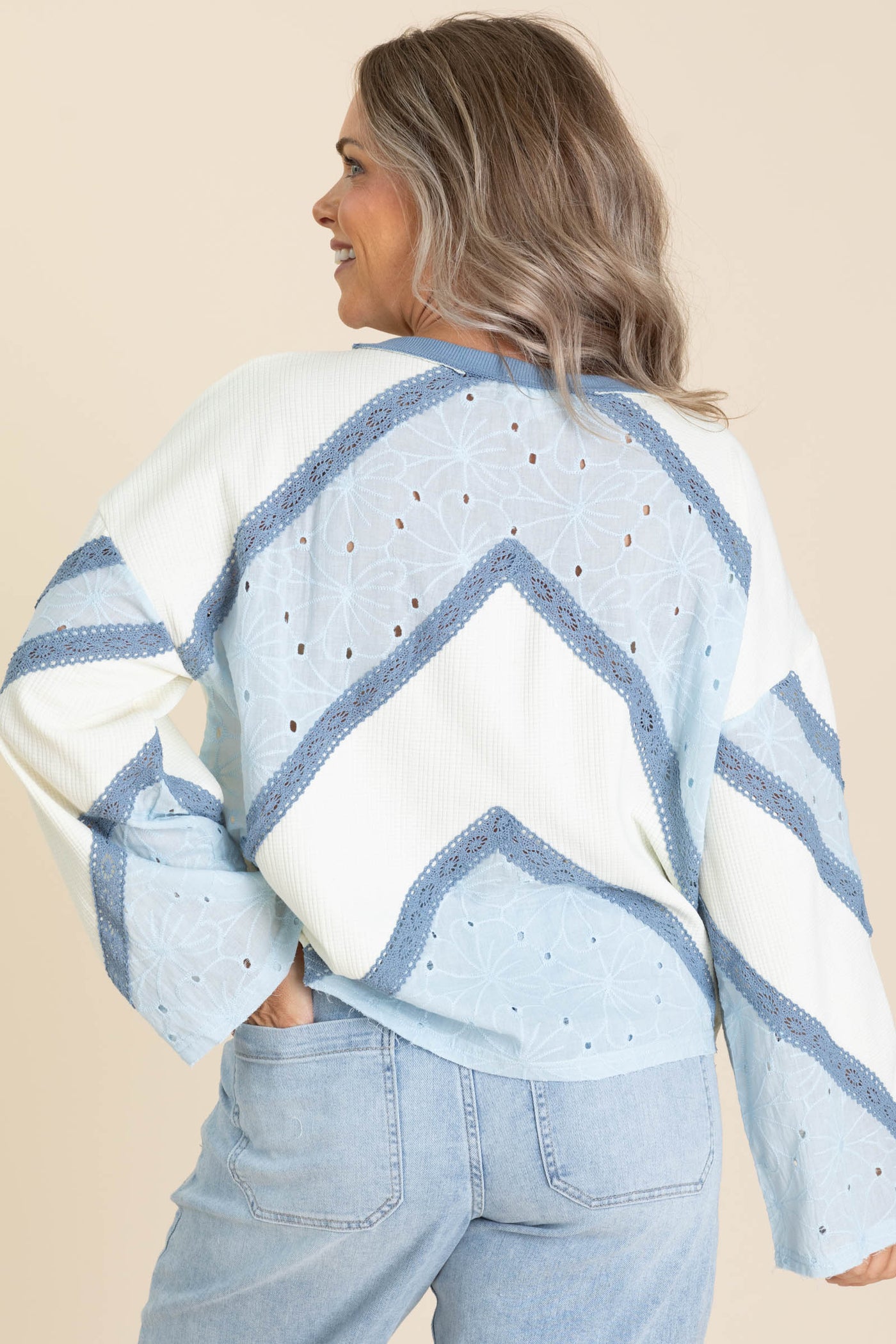 Ivory And Denim Blue Loose Fit Knit Top