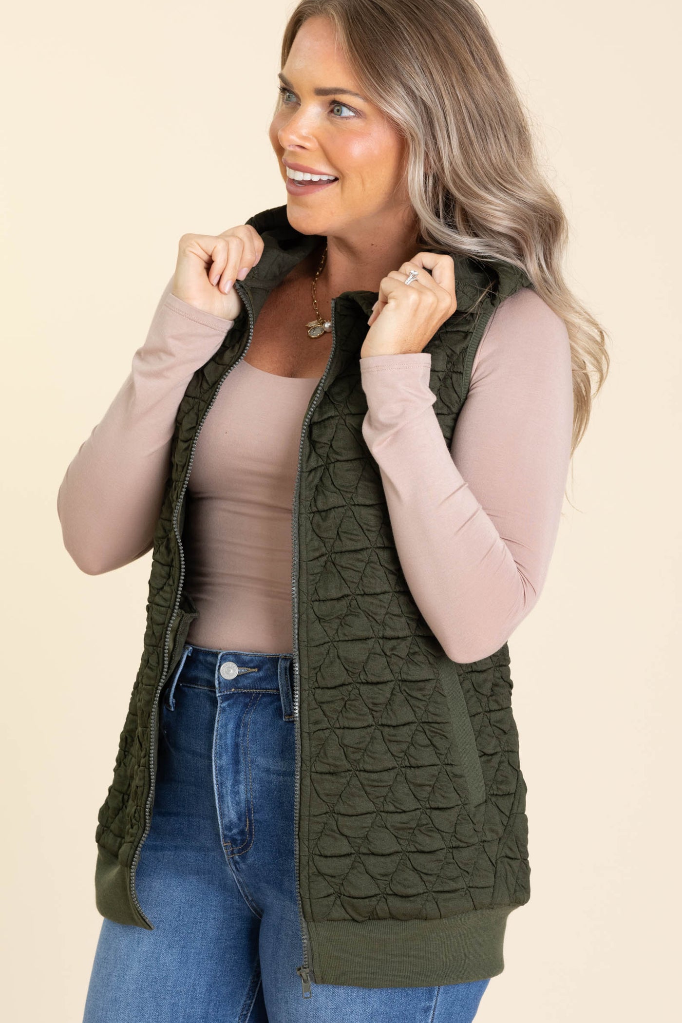 Quilted Knit Zip Up Hoodie Vests