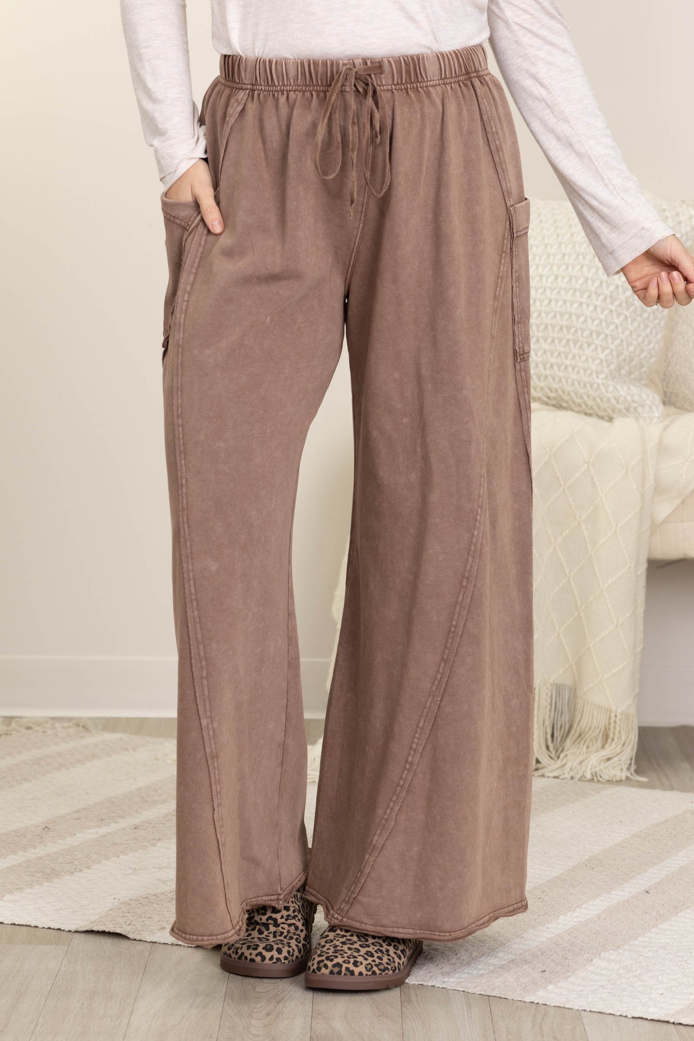 Mocha Mineral Wash Side Pocket Wide Leg Pants
