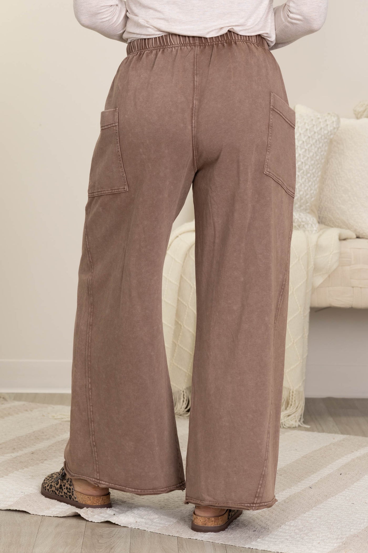 Mocha Mineral Wash Side Pocket Wide Leg Pants