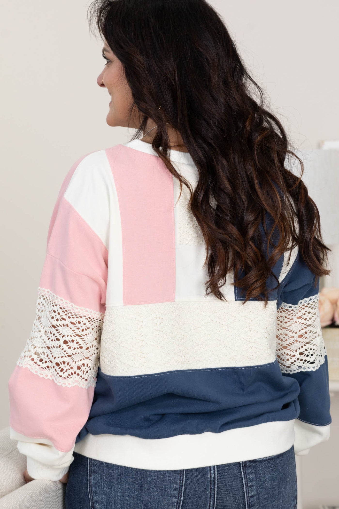 Ivory And Pink Colorblock Lace Detail Sweatshirt