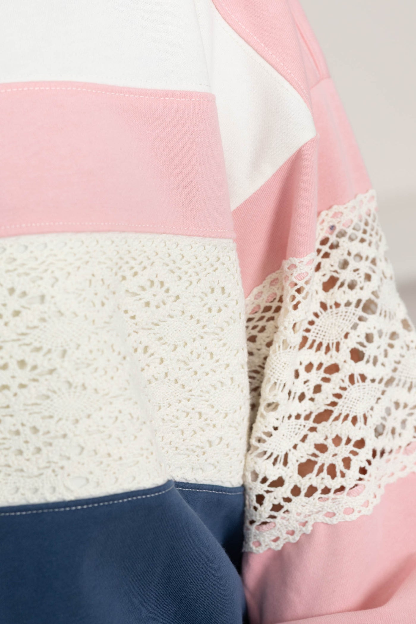 Ivory And Pink Colorblock Lace Detail Sweatshirt