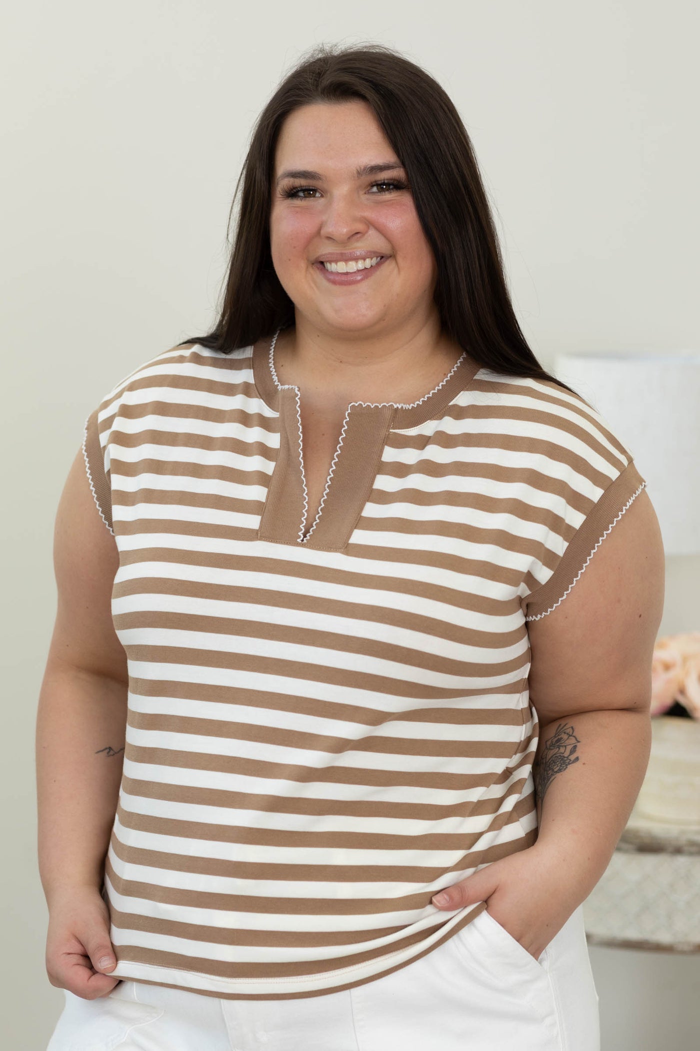 Staccato Taupe Cap Sleeve Cotton Striped Top