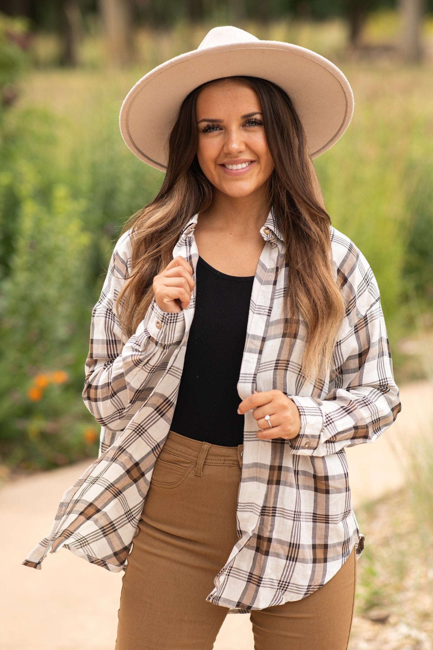Beige and Brown Plaid Button Up Top - Filly Flair