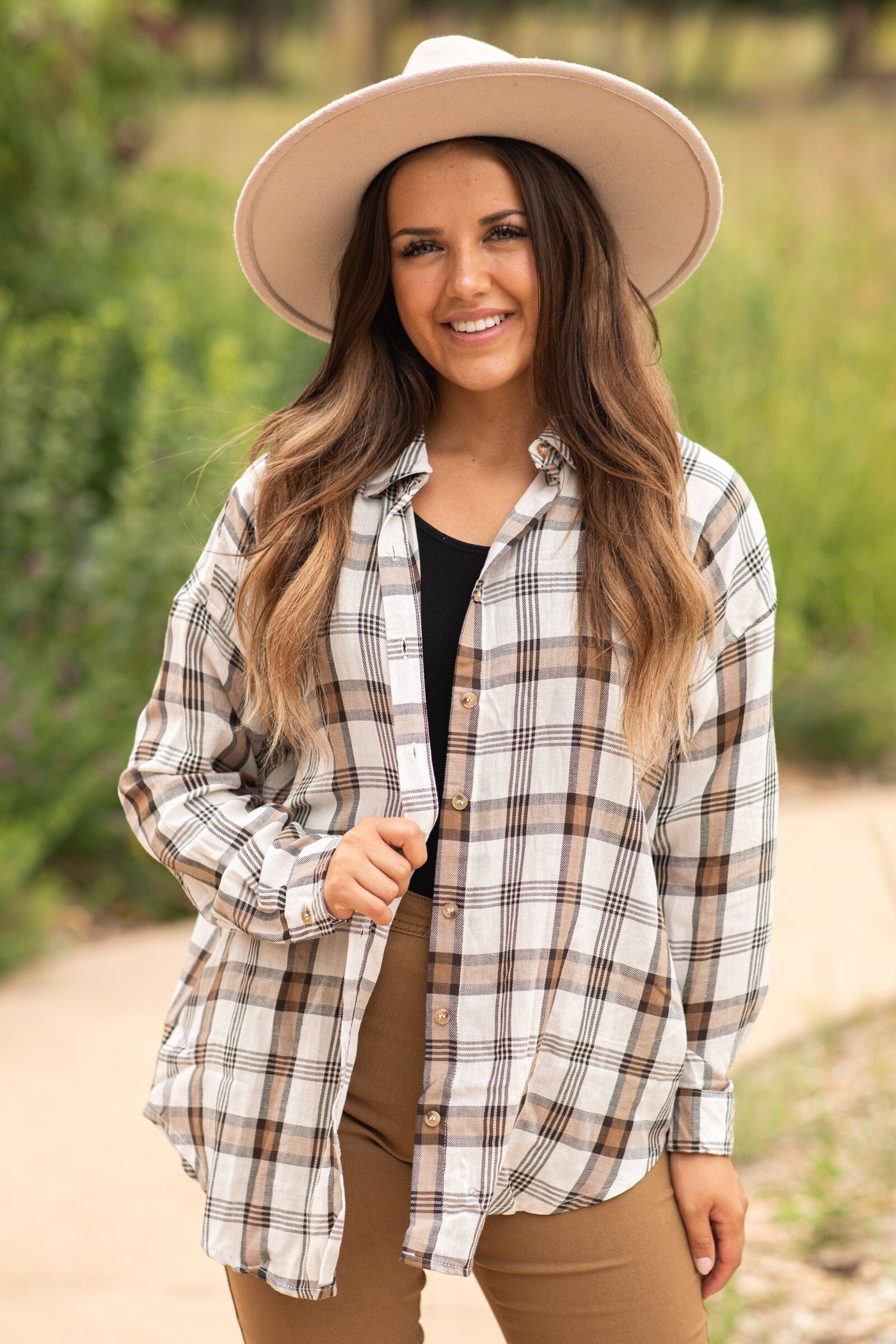 Beige and Brown Plaid Button Up Top - Filly Flair
