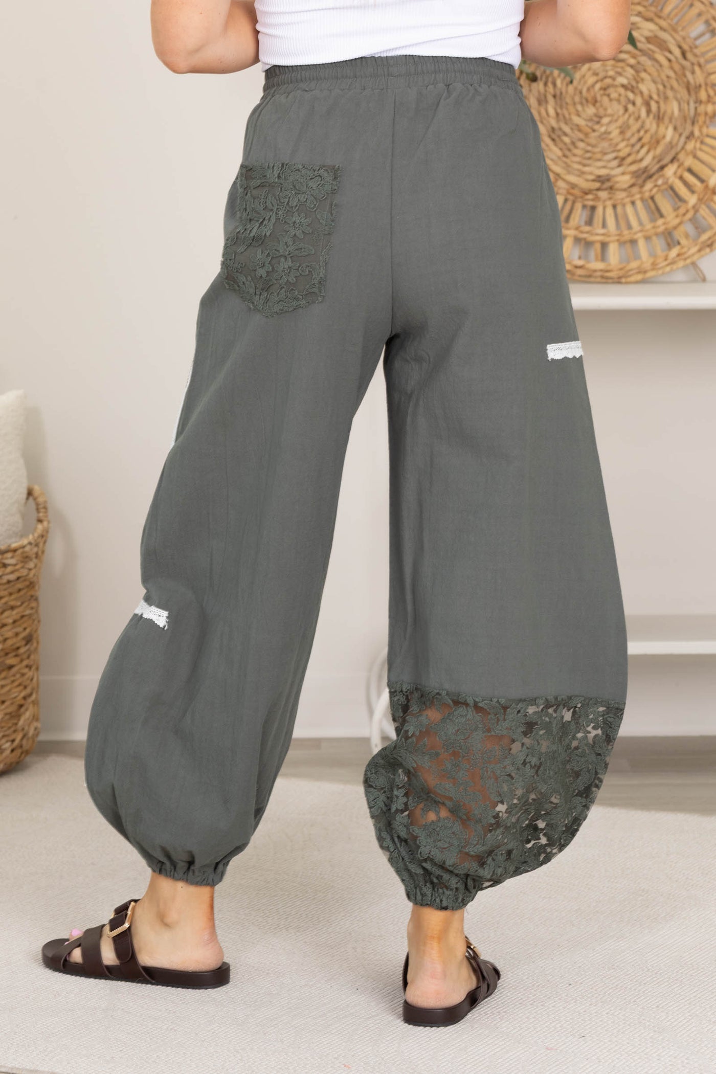 Dark Sage Lace Detail Patchwork Jogger Pants