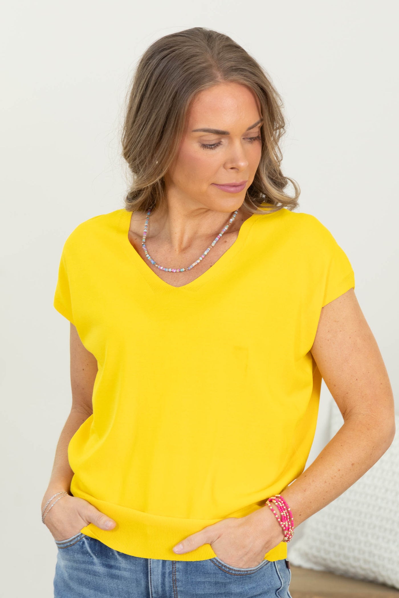 Relaxed Fit Short Sleeve V-Neck Knit Top