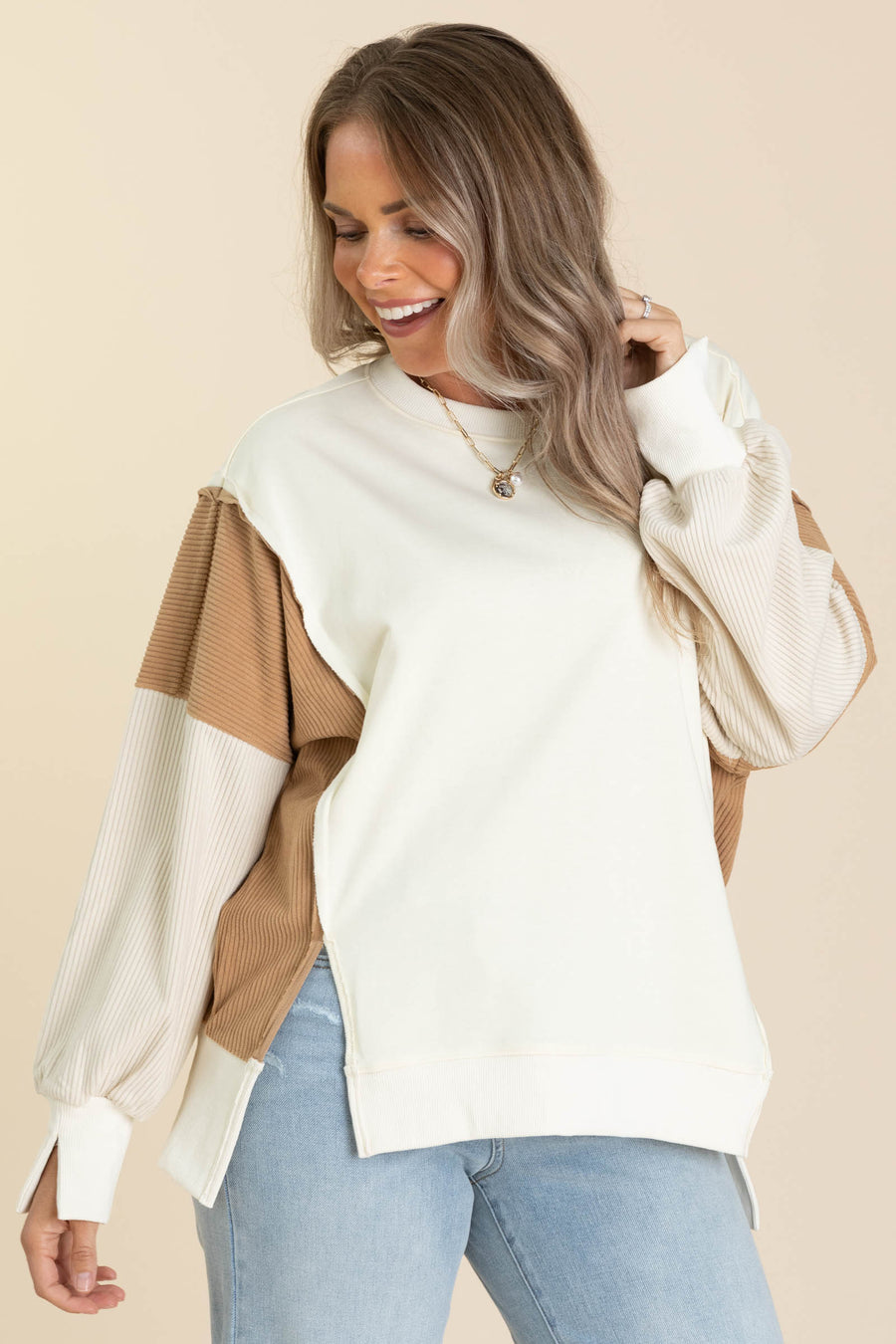 Cream And Mocha Colorblock Knit Crewneck Top